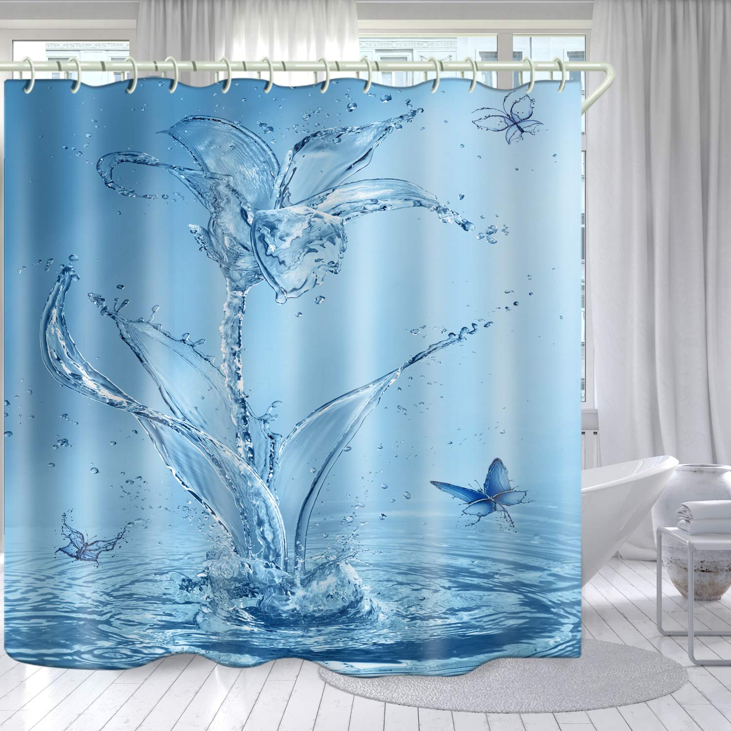 Waterproof Shower Curtain Set with Blue Splash Print - Polyester Fabric Bathroom Curtain with Hooks & Liners for Bathtub or Shower - Elegant Bathroom Decor for Modern Homes