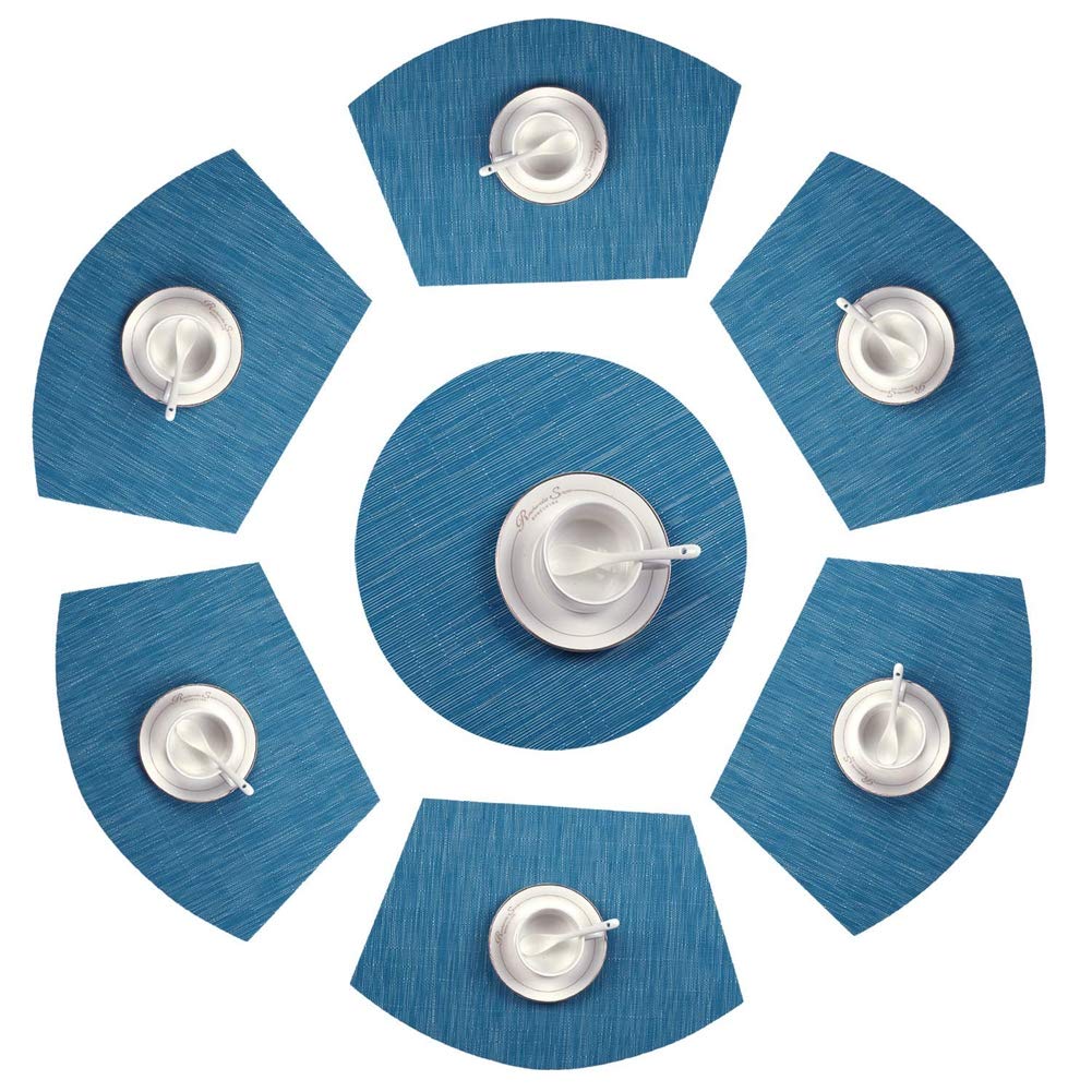 Premium 7-Piece Wedge Placemat Set with Centerpiece - Woven Vinyl, Heat Resistant & Easy Clean Table Mats (1 Round + 6 Wedge) for Dining Table - Blue | Perfect for Dinner Parties, Holiday Gatherings & Everyday Meals