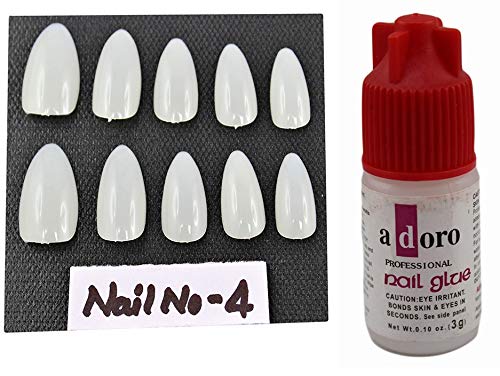 10PCS White Almond Shaped Fake Nails with Glue - Press on Nails for Women, Natural Acrylic Nail Tips for Home Manicure & Party Events