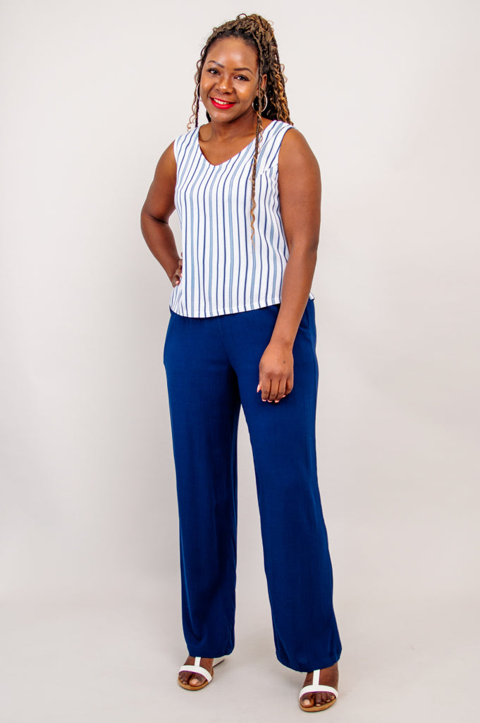 Havana Tank Top - Indigo Stripe Linen Bamboo Blend Women's Shirt - Perfect for Summer Outfits, Beach Wear & Casual Style
