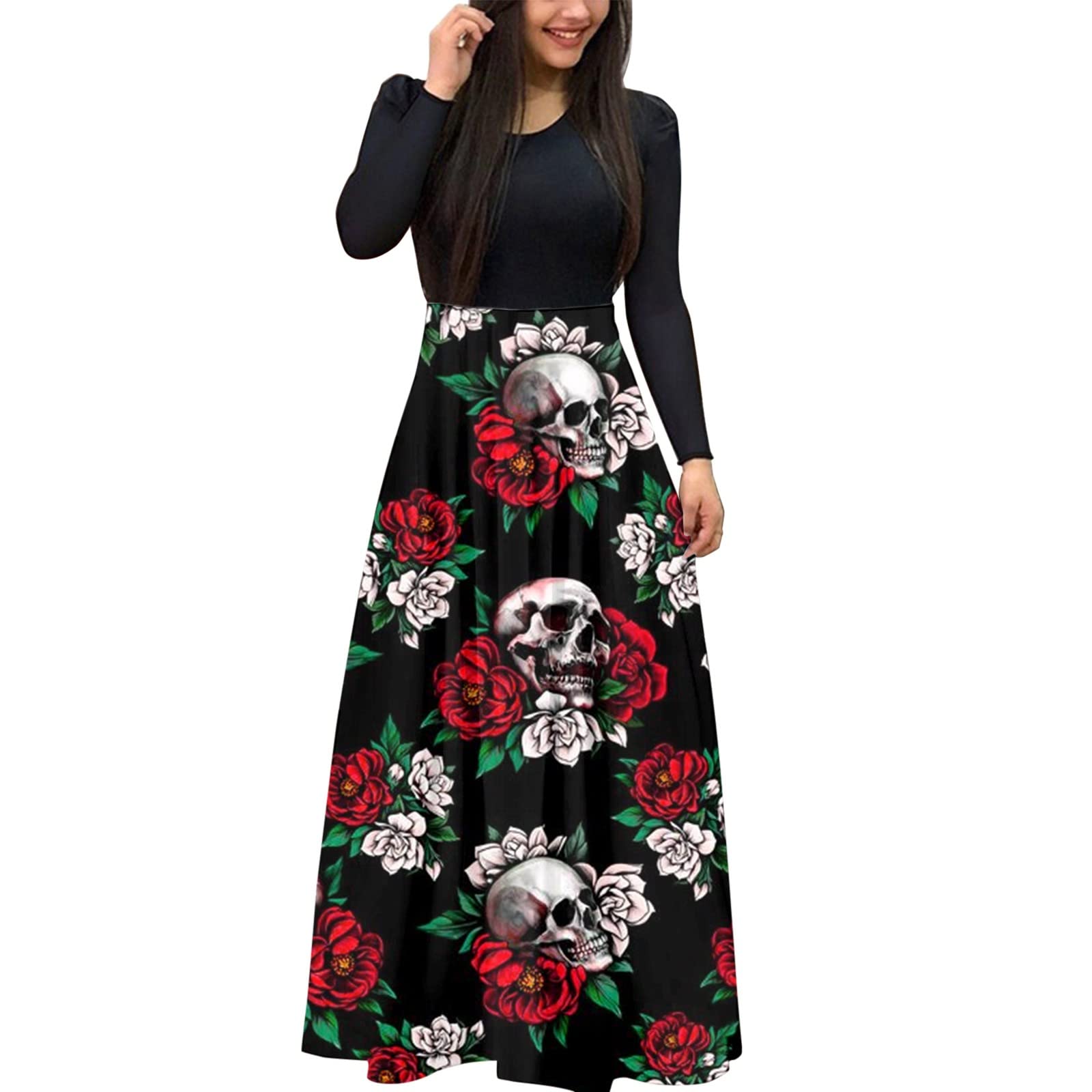 Plus Size Christmas Dresses for Women - Holiday Print Long Sleeve Round Neck Casual Maxi Dress - Perfect for Holiday Parties, Family Gatherings & Winter Celebrations