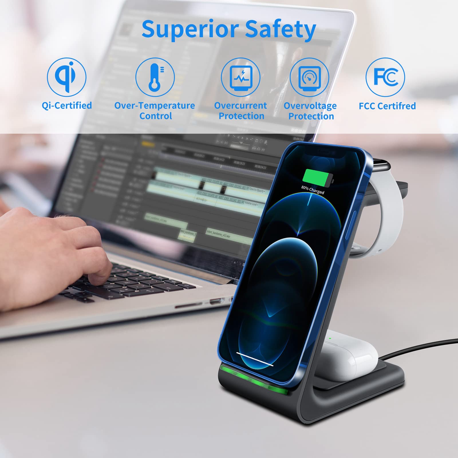 YOCUNKER 3-in-1 Qi Fast Wireless Charging Station for iPhone 14/13/12/11 Pro Max/X/XR, Apple Watch Series 7/SE/6/5/4/3/2 & AirPods 3/Pro/2 - Multi-Device Charging Dock Stand (Black) | Perfect for Home, Office & Travel