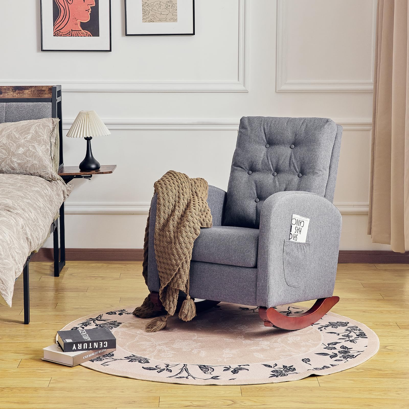 Redlife Rocking Chair Nursery - High Back Linen Upholstered Rocking Chair with Side Pocket for Living Room, Bedroom & Nursery - Comfortable Indoor Rocking Chair (Grey) - Perfect for Nursing, Reading & Relaxing