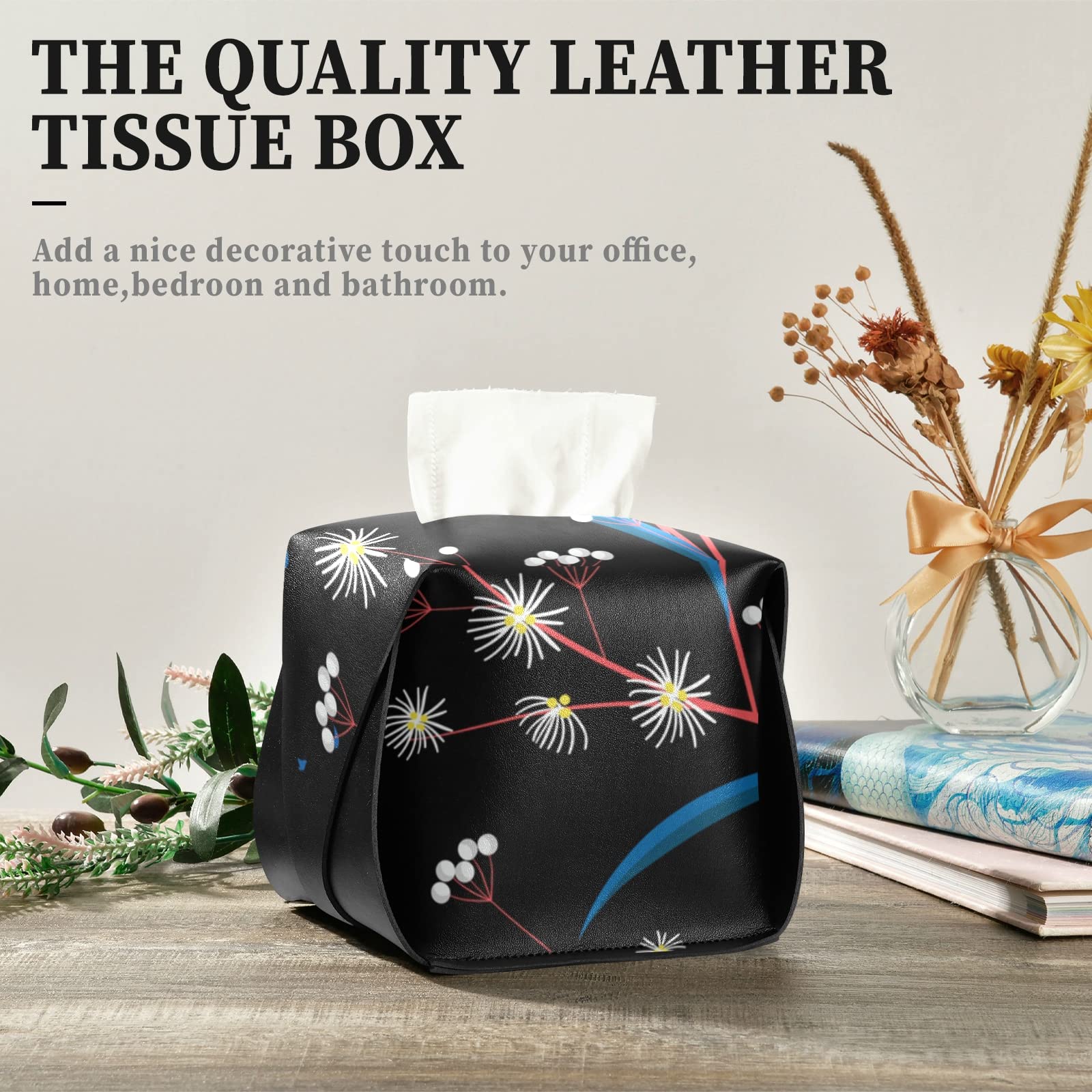 Premium Leather Tissue Box Cover with Handle - Square Dandelion Design Facial Tissue Dispenser for Nightstand, Bathroom Vanity, Office Desk & Bedroom Decor - Home & Office Organization Essential