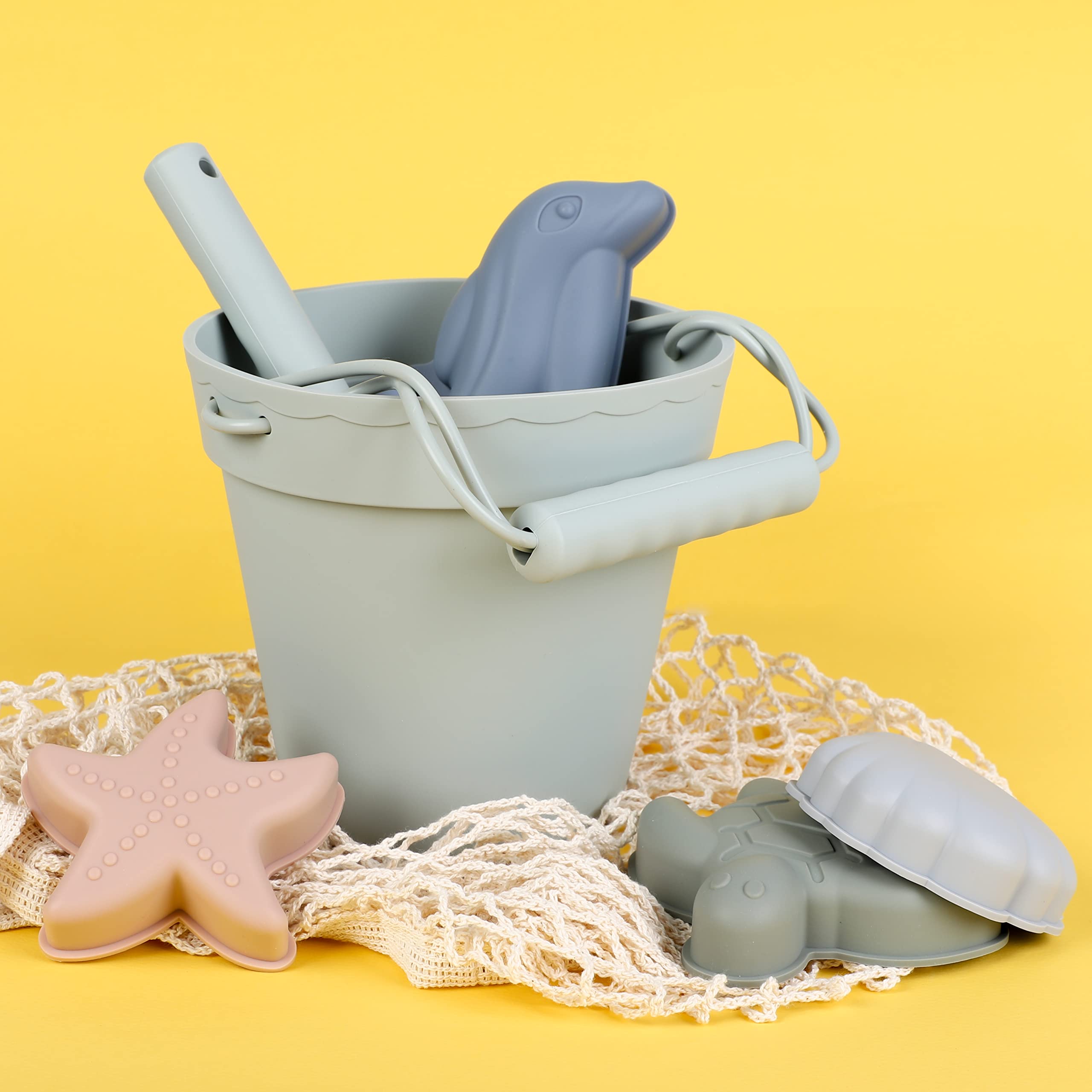 BLUE GINKGO Silicone Beach Toys Set - Durable Bucket, Shovel & 4 Sand Molds with Storage Bag for Toddlers & Kids | Perfect for Beach, Sandbox & Outdoor Play | BPA-Free & Travel-Friendly (Green)