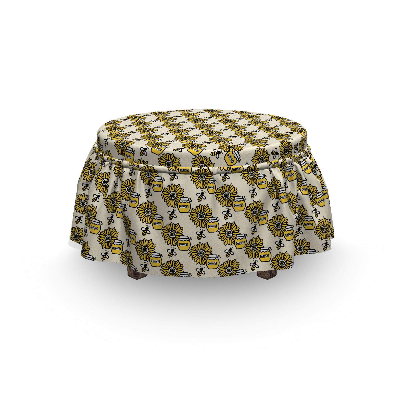 Ambesonne Queen Bee Ottoman Cover Set - 2 Piece Slipcover with Ruffle Skirt for Square/Round Footstools, Honey Jar & Sunflower Pattern in Mustard Taupe - Home Decor Accent for Living Room, Bedroom, Nursery