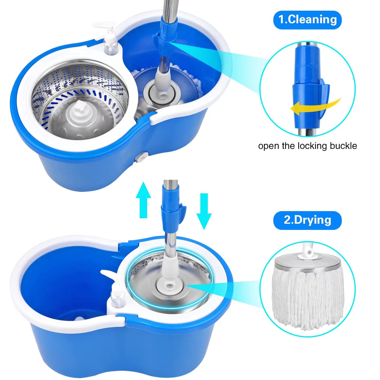 360 Spin Mop Bucket System with 3 Microfiber Replacement Heads & Telescoping Handle - Effortless Floor Cleaning for Hardwood, Tile & Laminate - Perfect for Home, Kitchen & Bathroom Cleaning
