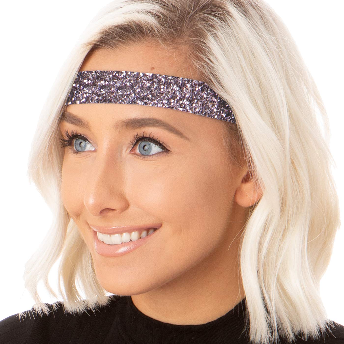 Sparkly Bling Adjustable No-Slip Headbands for Women, Girls & Teens - 4 Pack Mixed Glitter & Gunmetal | PETITE Size | Perfect for School, Sports, Parties & Everyday Wear