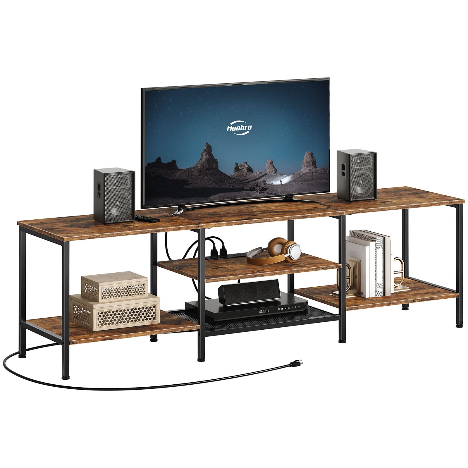 HOOBRO 75 Inch TV Stand with Power Outlets, Industrial TV Console Table with Open Storage Shelves & Cabinet, Rustic Brown and Black Media Entertainment Center - Perfect for Living Room, Bedroom, Home Theater Setup (Model BF80DS01)