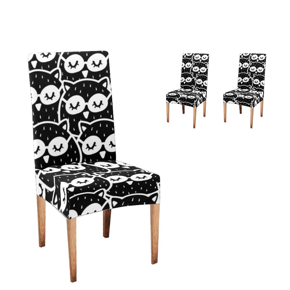 XIUCOO Stretch Dining Chair Covers - Soft & Comfortable Owl Print Slipcovers (Set of 2, Black & White) - Perfect for Dining Room, Kitchen, Party & Home Decor