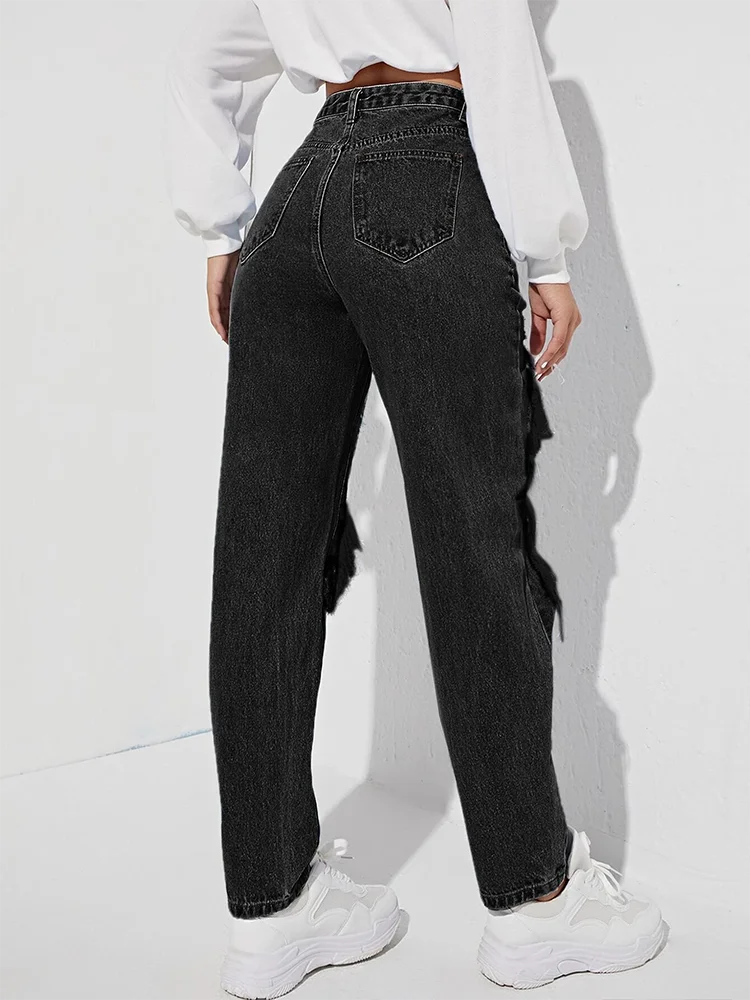 Women's Black High Waist Distressed Denim Patchwork Wide Leg Pants - Casual Loose Fit Button Fly Jeans for Fall Fashion | Perfect for Everyday Wear, Office Outfits & Autumn Styling