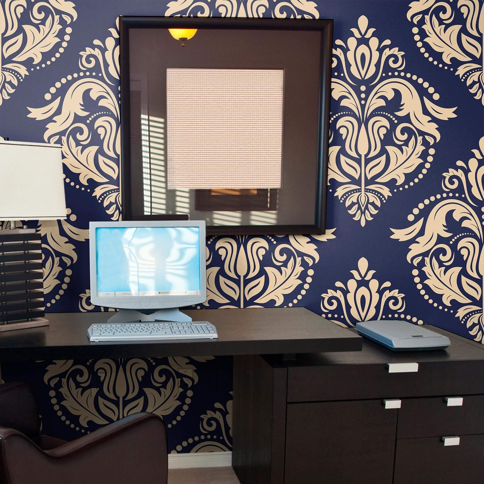 Beige and Blue Damask Peel and Stick Removable Wallpaper - Self-Adhesive Decorative Wall Covering for Bedroom, Living Room, Nursery & Home Office