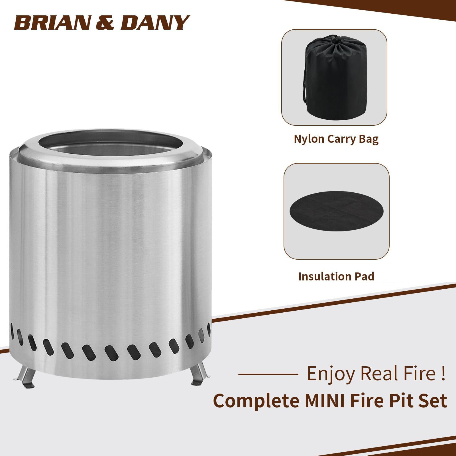 BRIAN & DANY Smokeless Tabletop Fire Pit with Stand - 8.6x10 Inch Stainless Steel Portable Camping Stove for Wood Pellets | Perfect for Backyard, Patio, RV Trips & Outdoor Gatherings