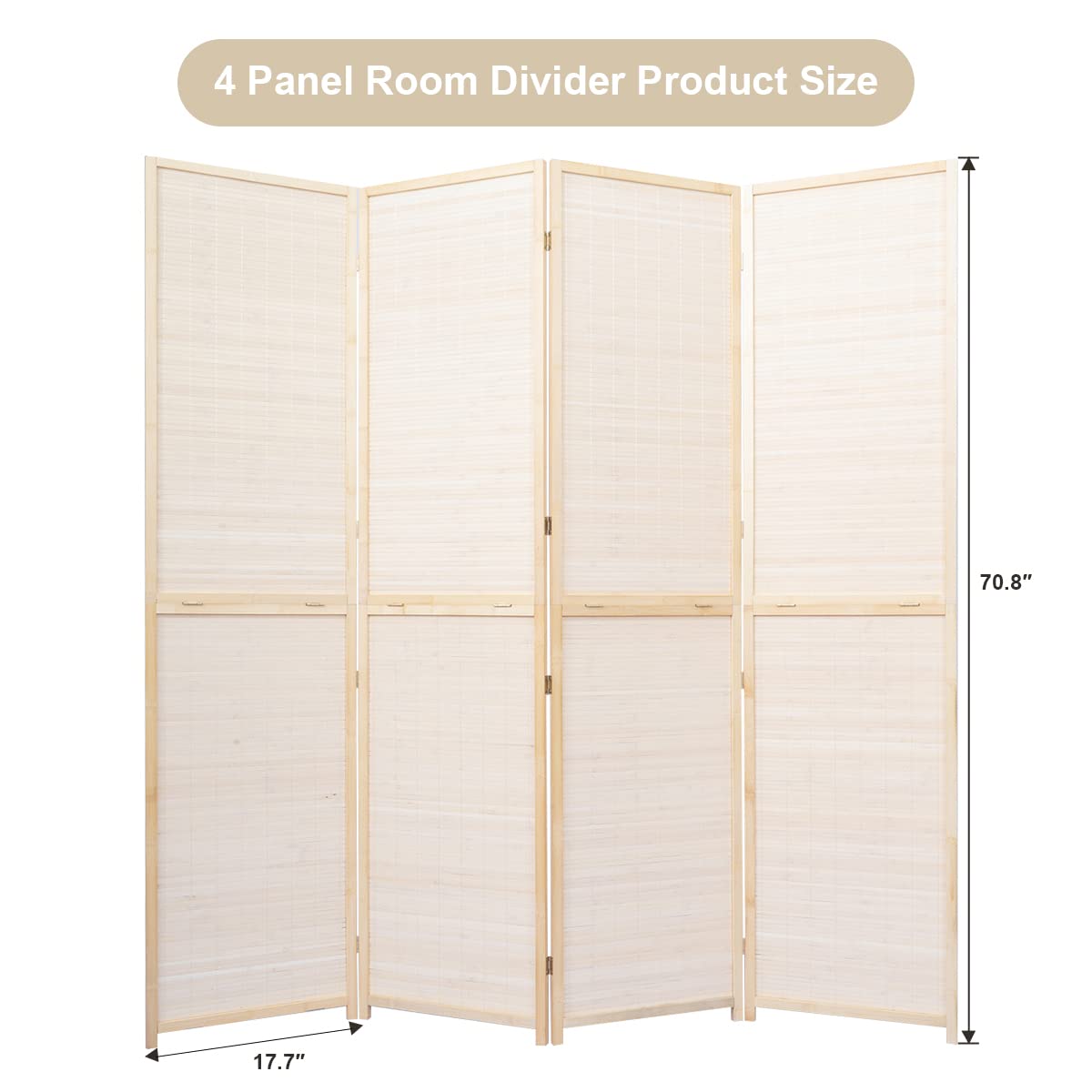 4 Panel Bamboo Room Divider - 6 FT Tall Folding Privacy Screen with Woven Mesh Design | Portable Freestanding Partition for Home, Office & Event Separation | Natural Beige Home Decor for Living Room, Bedroom & Studio Spaces