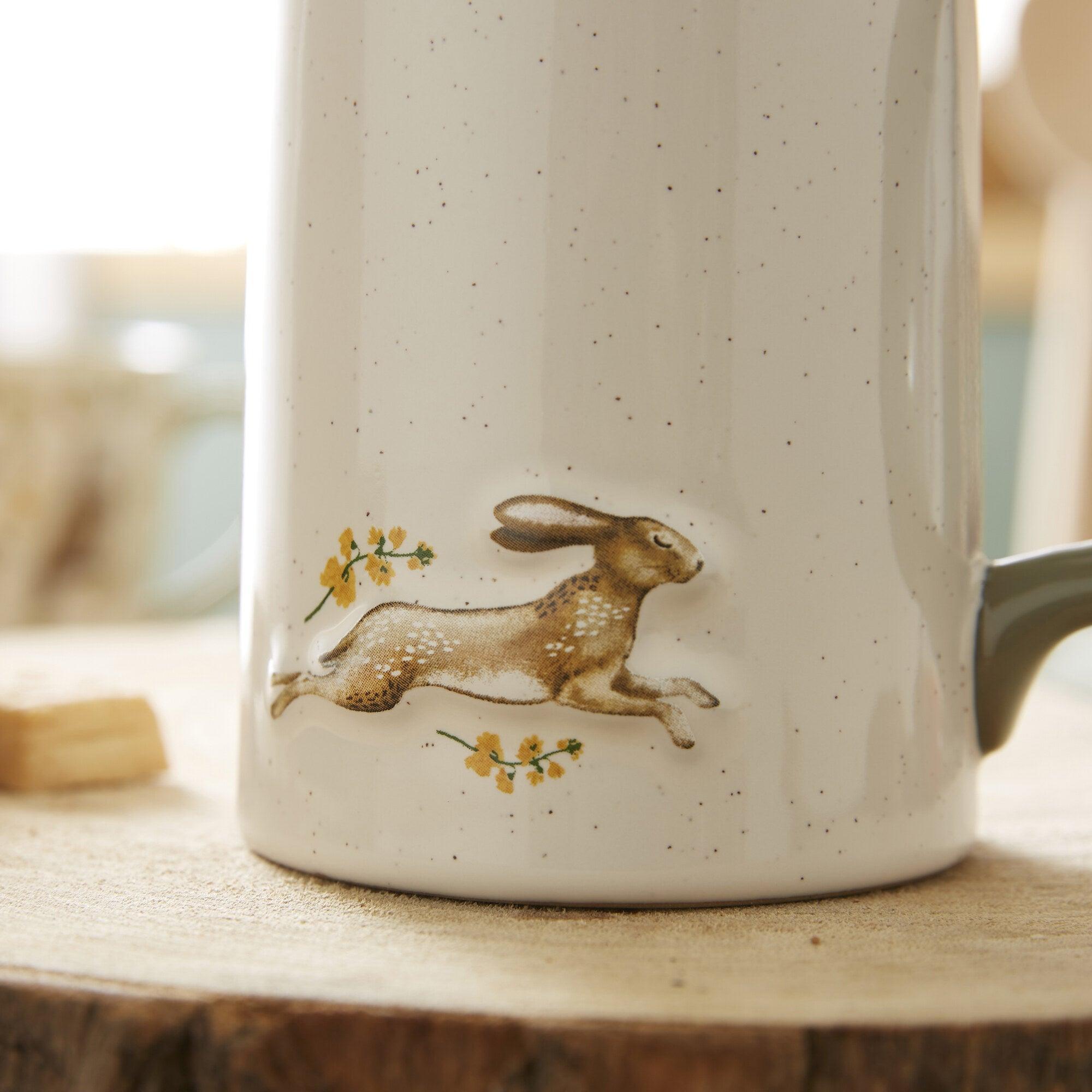Forest Fable Large Jug - 1 Gallon Rustic Ceramic Water Pitcher with Wooden Lid - Perfect for Farmhouse Kitchen Decor, Iced Tea Serving & Country Style Dining