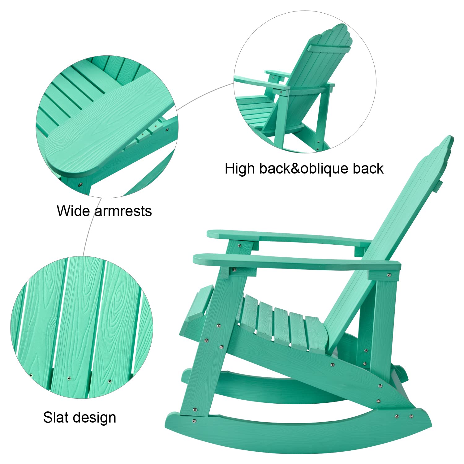 Classic Weather-Resistant Adirondack Rocking Chair for Patio, Deck, Garden & Backyard - Durable Outdoor Furniture with Real Wood Look - Perfect for Relaxing on Porch, Poolside or Lawn (Green, 1 Chair)