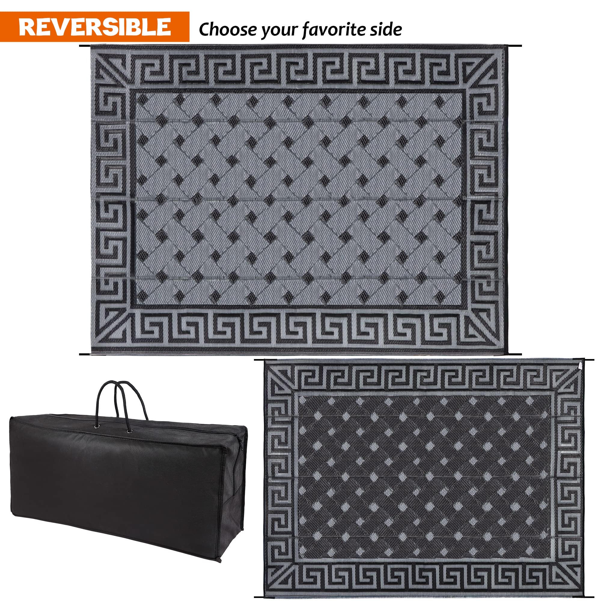 Reversible Plastic Straw Rug - 9' x 12' Black & Grey Outdoor Floor Mat for Patio, Deck, Backyard, RV, Beach & Camping - Durable & Modern Area Rug for Picnics, Lounging & Outdoor Entertaining