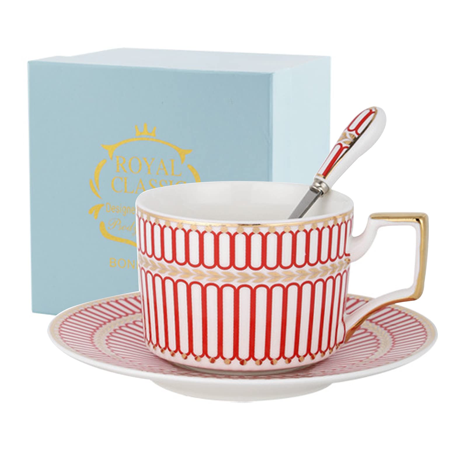 Elegant Porcelain Tea Cup and Saucer Set with Gold Rim - 6-Piece Afternoon Tea Service for Coffee & Tea Lovers - Perfect for Home, Kitchen, Wedding Gifts & Bridal Showers (Red) - Ideal for English Tea Parties, Coffee Breaks & Special Occasions
