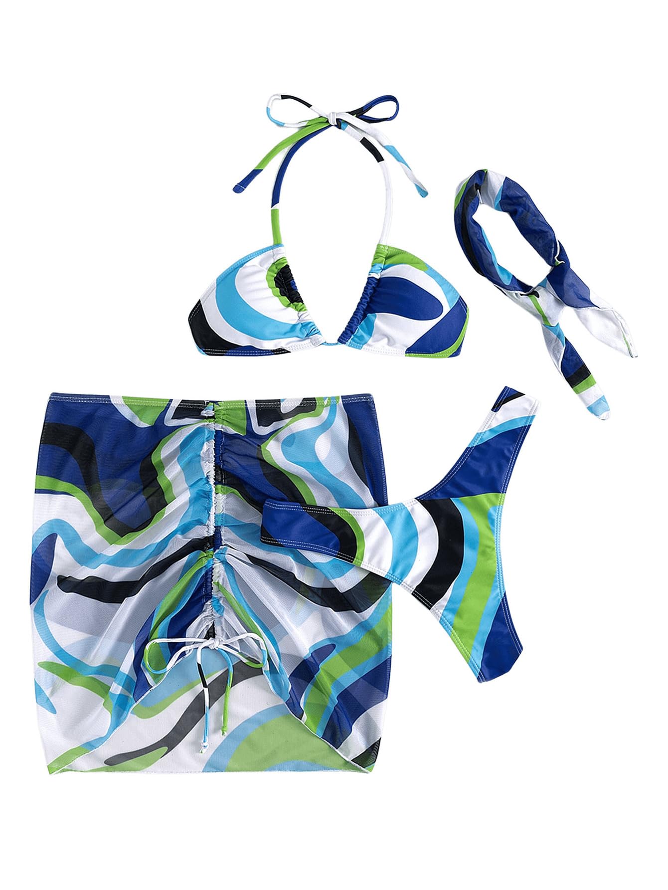 Milumia Women's 4 Piece Swimwear Set - Triangle Bikini Top & Bottom with Mesh Cover Up, Beach Skirt & Bandana for Summer Vacation, Pool Party & Tropical Getaway