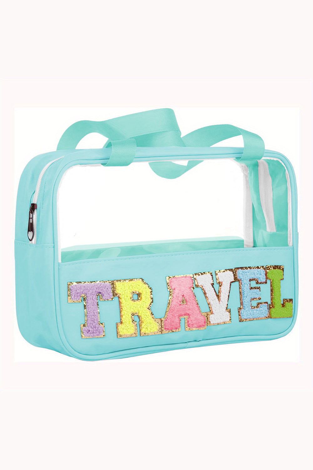 Stylish Chenille Letter Clear PVC Makeup Bag for Travel - Perfect Cosmetic Organizer for Vacation, Gym & Daily Essentials