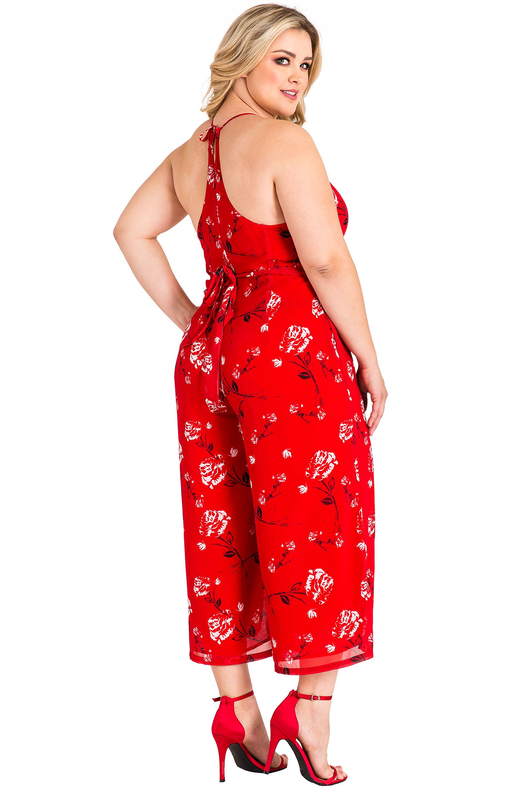Plus Size Women's Red Floral Chiffon Slit Capri Jumpsuit - Flowy Summer Romper for Casual Wear, Beach Vacation & Date Night Outfits