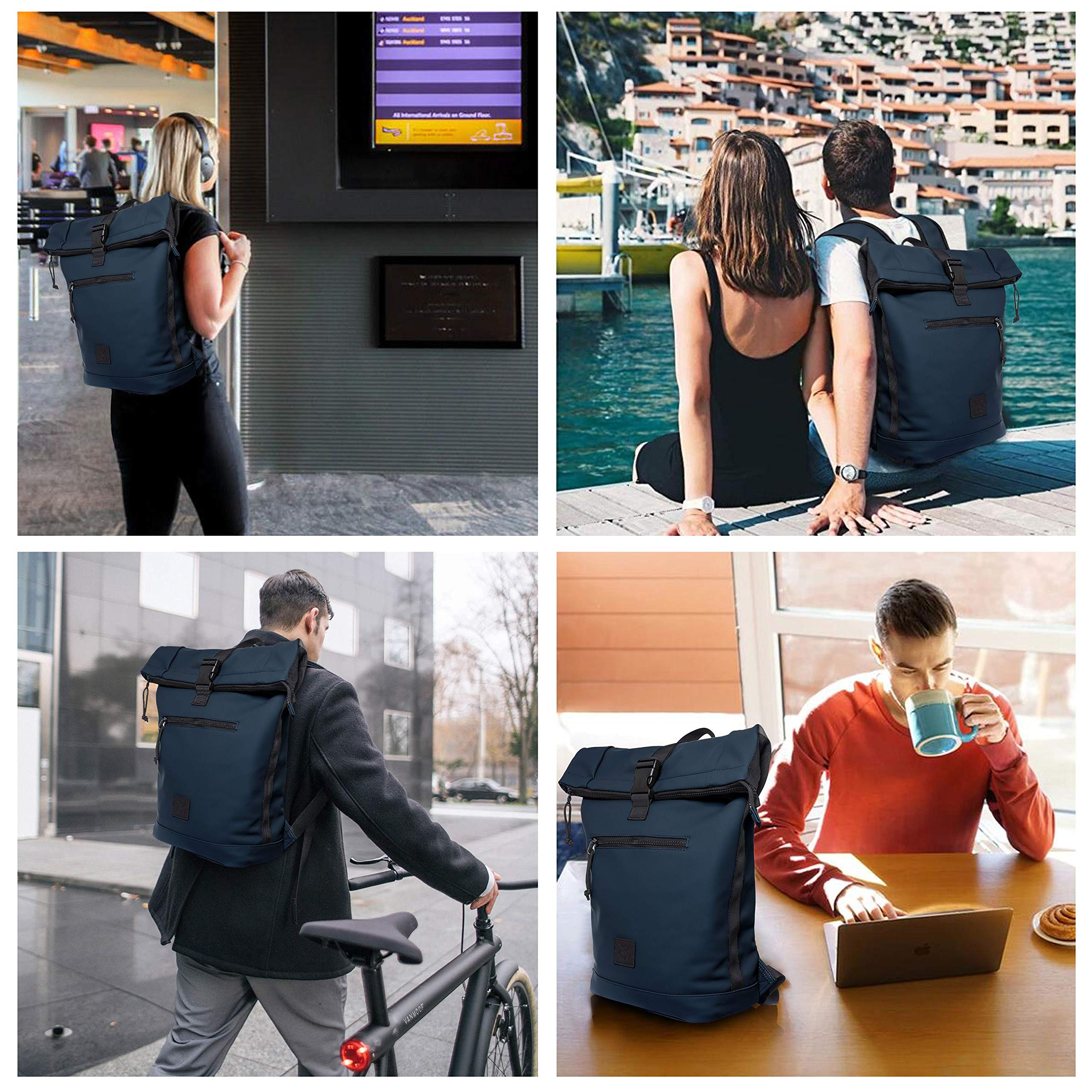 X RAY Roll Top Laptop Backpack for Men & Women - Waterproof PU Leather Expandable 22L Backpack with Adjustable Capacity, Fits 15.6 Inch Laptop (Navy) - Perfect for Work, Travel & College