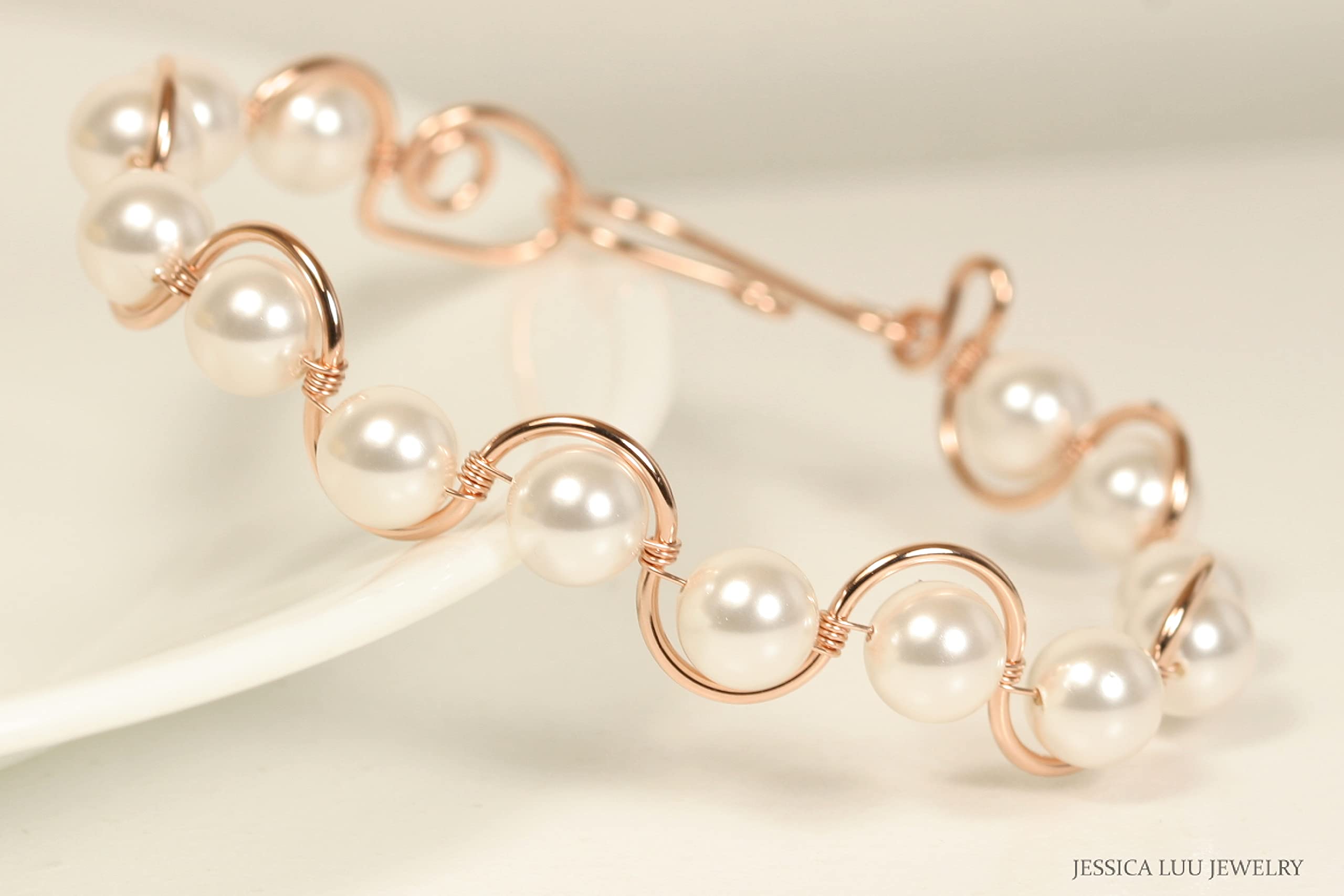 Rose Gold White Pearl Bracelet - Handmade Wire Wrapped Jewelry for Women, Elegant Gift for Birthday, Anniversary & Special Occasions - Perfect for Weddings, Parties & Everyday Wear