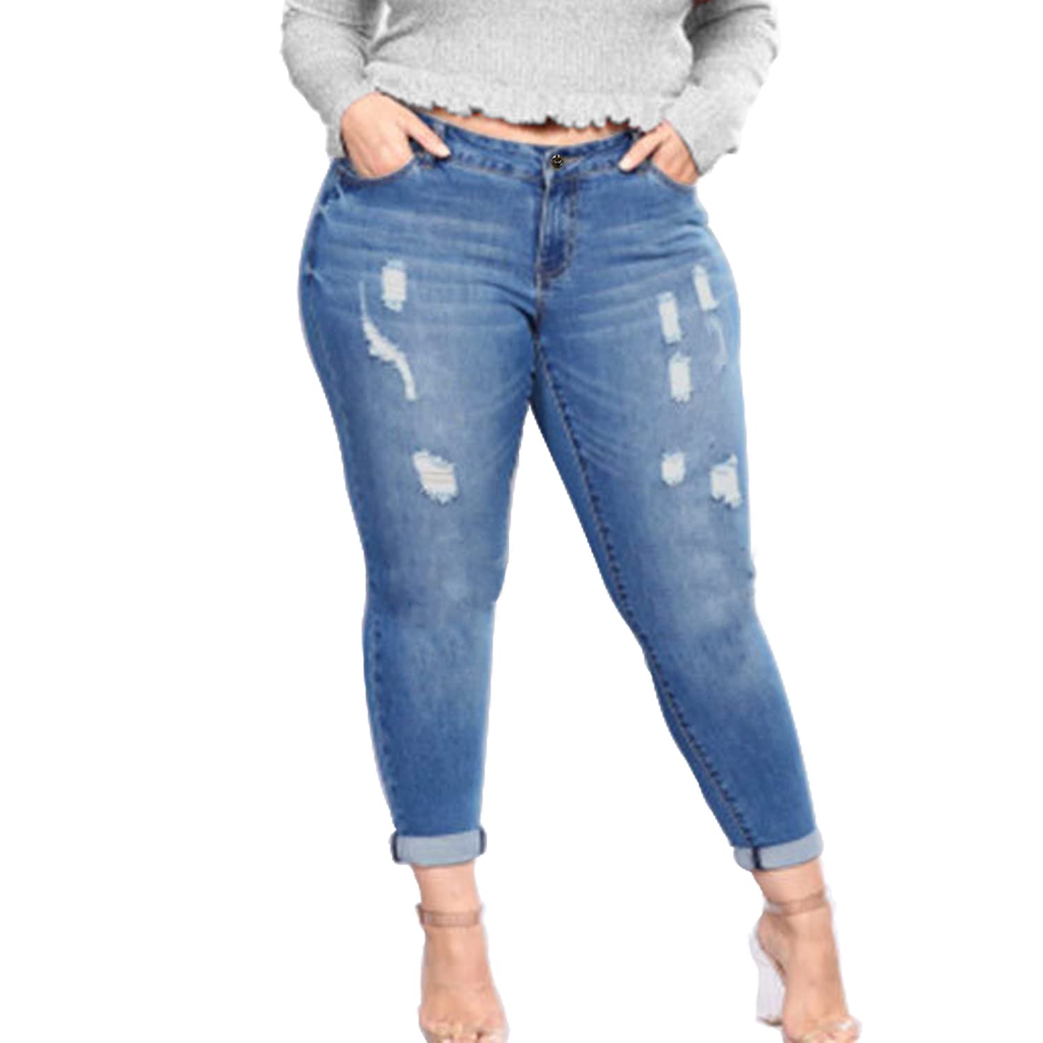 Tulucky Women's Plus Size Boyfriend Jeans - Distressed Ripped Denim Pants with Stretch, Comfortable Skinny Fit for Casual Wear & Everyday Outfits