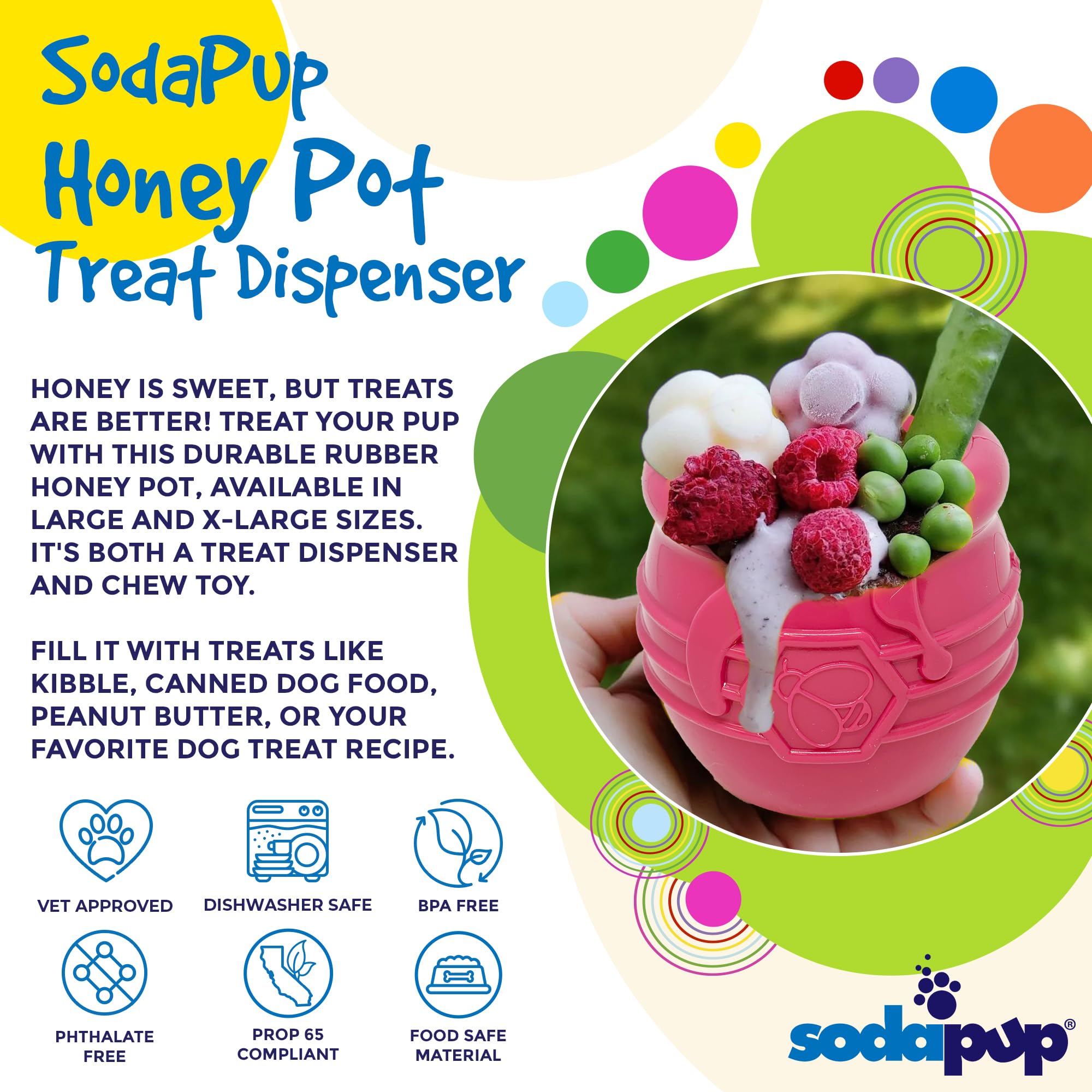 **SodaPup Honey Pot – Durable Dog Treat Dispenser & Enrichment Toy – Non-Toxic, Pet-Safe Natural Rubber – Made in USA – Mental Stimulation & Anxiety Relief – Perfect for Training, Boredom Relief & Playtime**