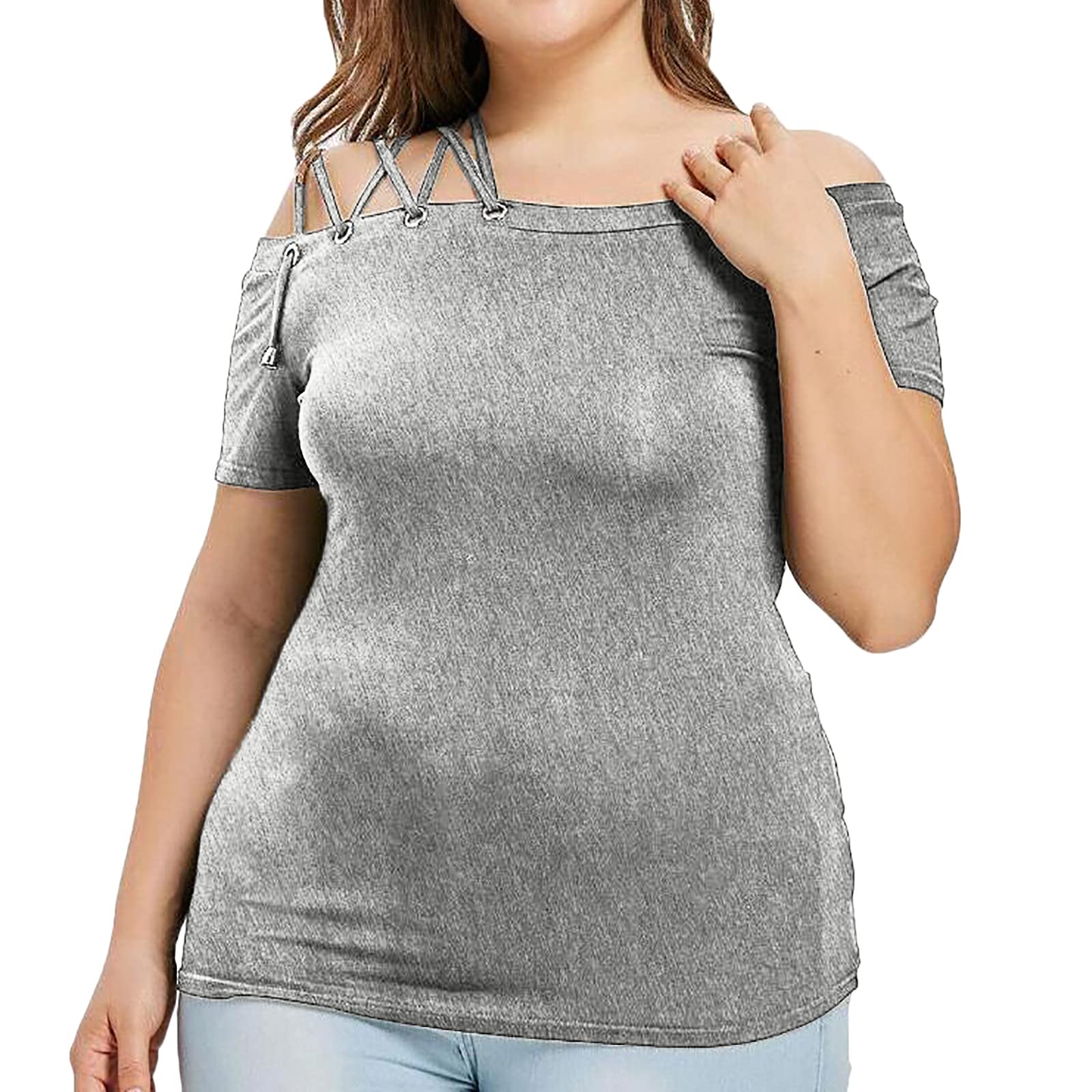 Plus Size Women's One Shoulder Solid Bandage Short Sleeve T-Shirt Blouse - Comfortable Stretchy Casual Top for Curvy Figures - Perfect for Date Night, Club Wear & Summer Outfits