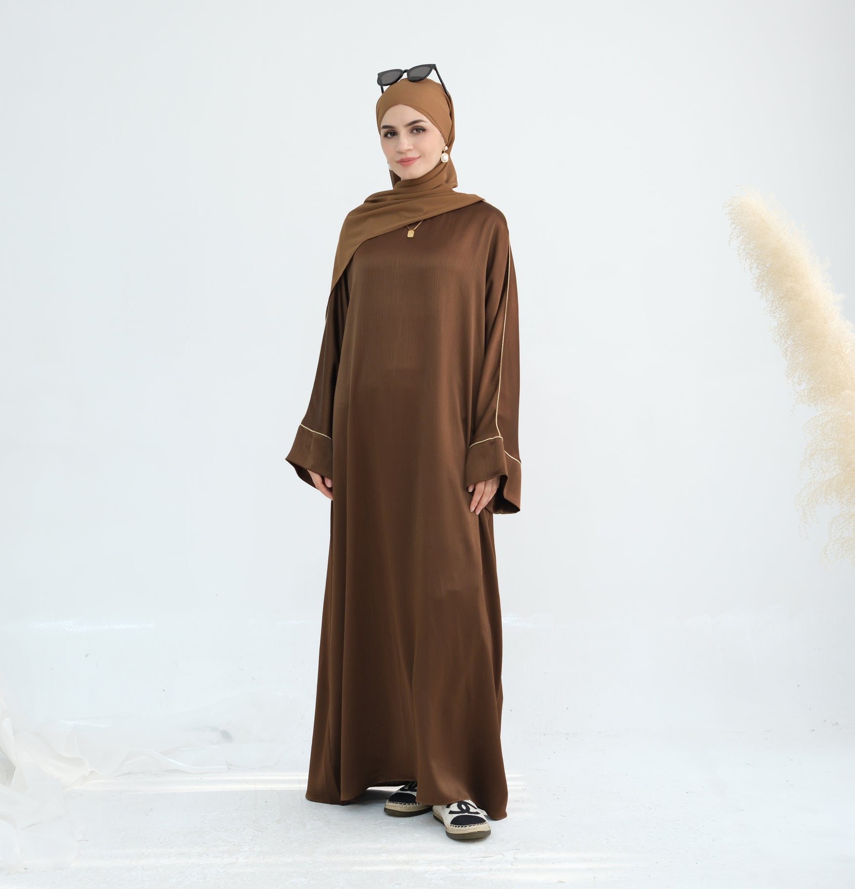Elegant Ayana Textured Piping Detail Abaya Dress - Bronze Color for Women | Perfect for Islamic Prayer, Mosque Visits & Special Occasions