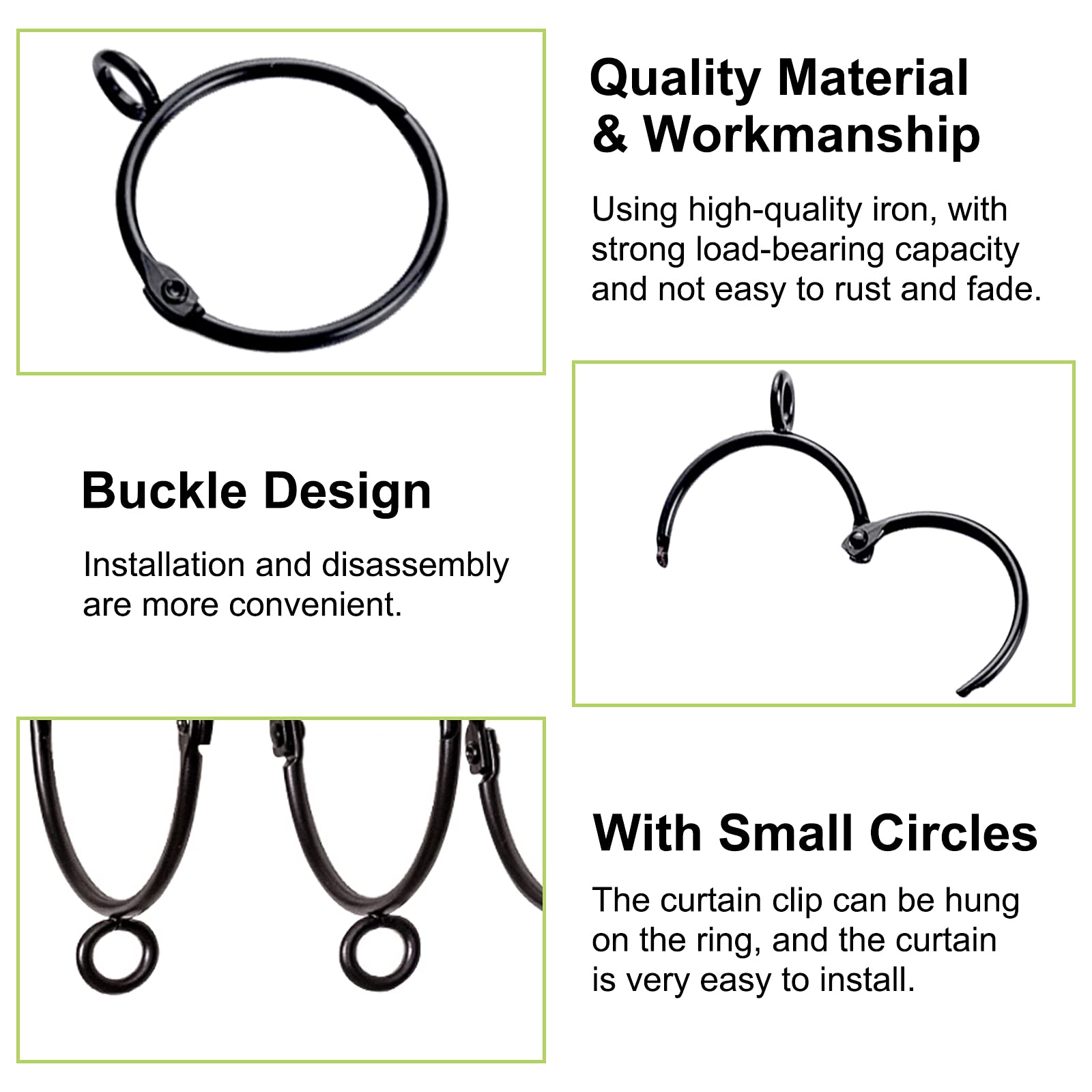 28 Pack Black Metal Curtain Rings with Eyelets - Rustproof Drapery Hooks for Curtains (50mm Inner Diameter) - Easy Open/Close Design for Living Room, Bedroom & Window Decor