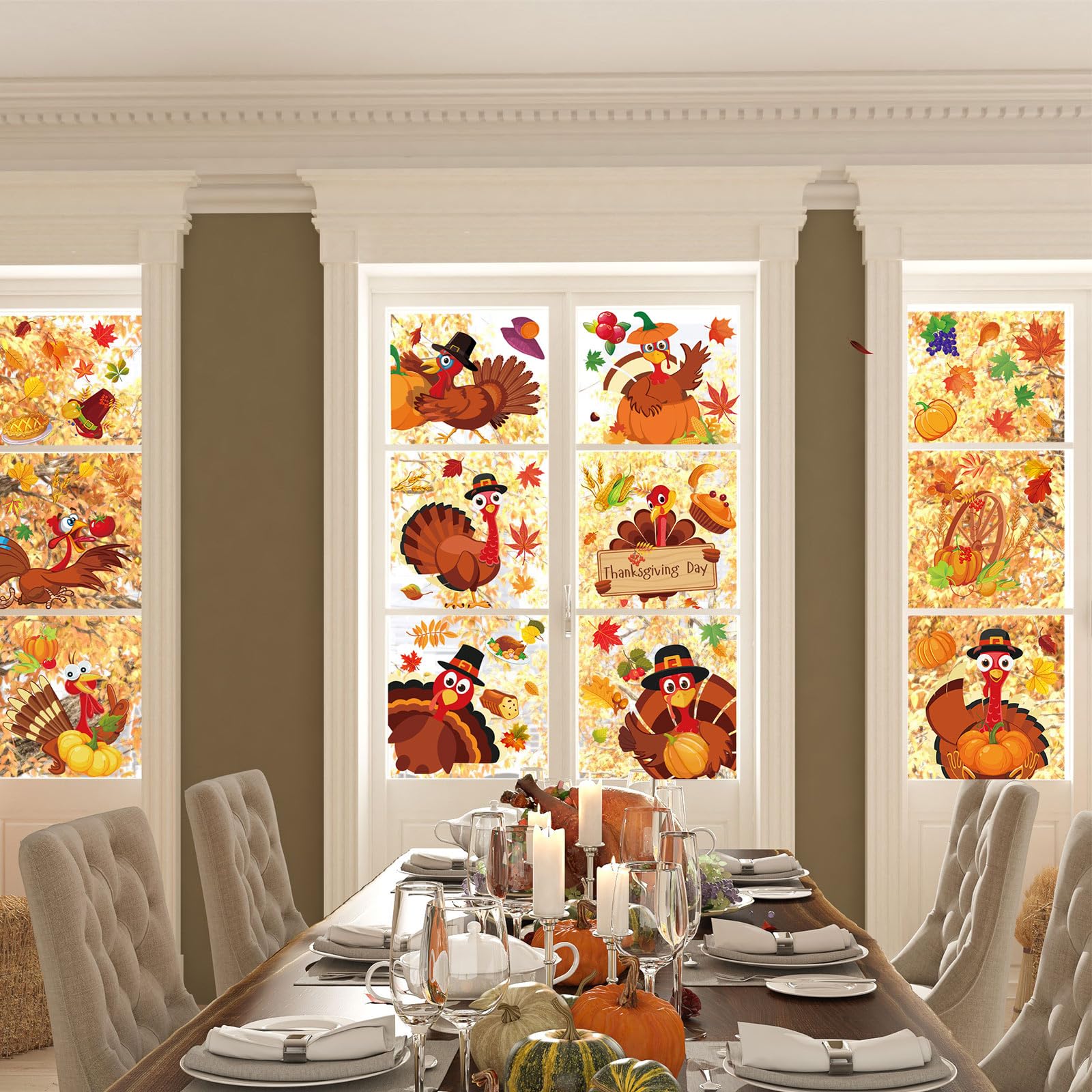 9 Sheet Thanksgiving Window Clings - Autumn Turkey Pumpkin Fall Leaves Window Decals for Home, School, Office Decor | Seasonal Party Supplies & Holiday Gifts | Perfect for Thanksgiving Decorations, Classroom Activities & Festive Home Styling