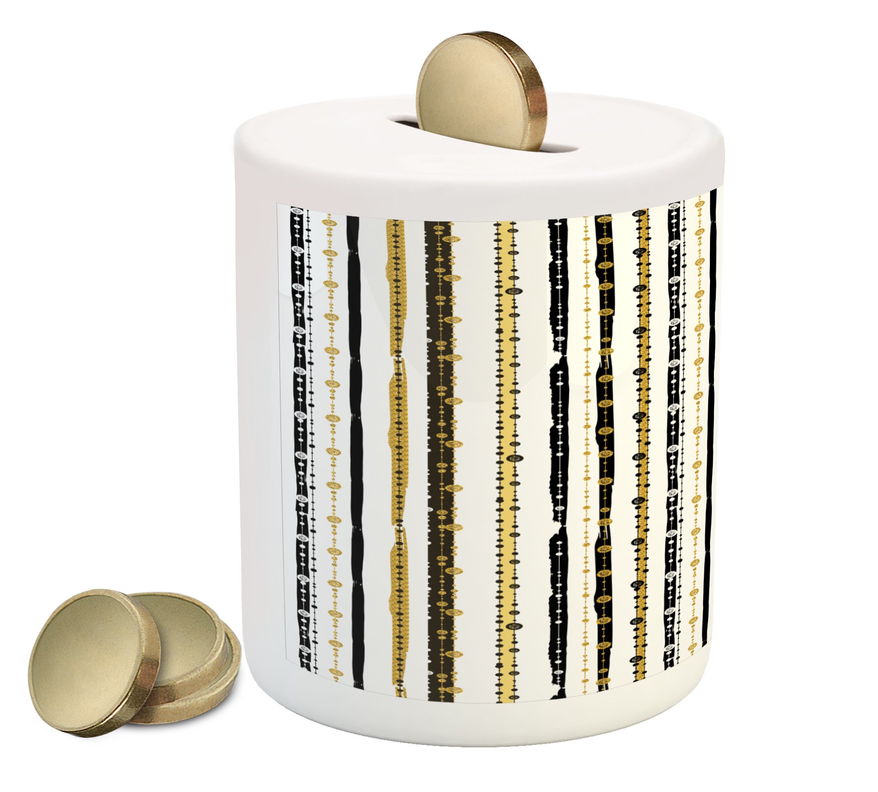 Ambesonne Striped Ceramic Piggy Bank - Victorian Inspired Art Print with Vertical Lines & Round Circles - Money Saving Coin Bank for Cash & Coins - Black & Yellow - Perfect for Kids' Savings, Home Decor & Gift Ideas