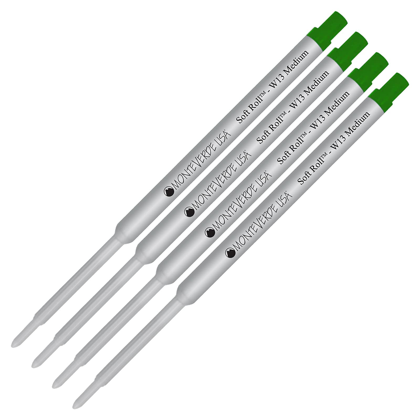 Monteverde® Soft Roll™ Ballpoint W13 Paste Ink Refill 4-Pack - Compatible with Waterman® Style Pens - Green Ink (Medium Tip 0.7mm) - Smooth Writing for Office, School & Everyday Use