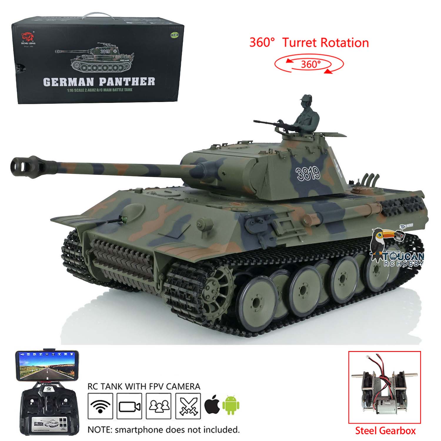 1/16 Scale Henglong 7.0 German Panther RC Tank Model 3819 - 360° Rotating Turret, FPV Camera, Steel Gearbox, Engine Sound & Smoke Effects | Realistic Military Vehicle for Collectors & Battle Simulation