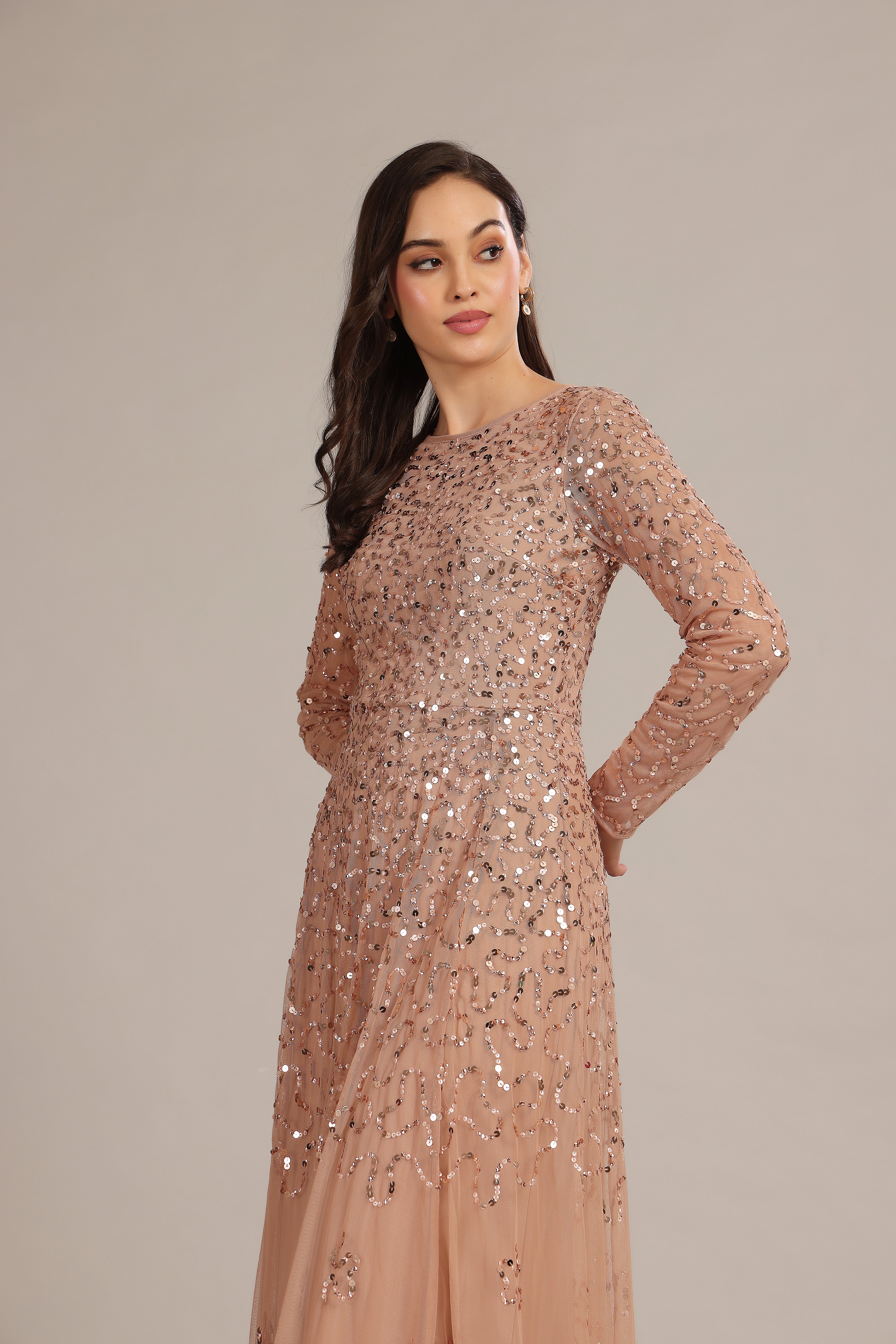 Elegant Sylvia Maxi Dress in Mink - Flowy Long Women's Dress for Casual Wear, Parties & Special Occasions