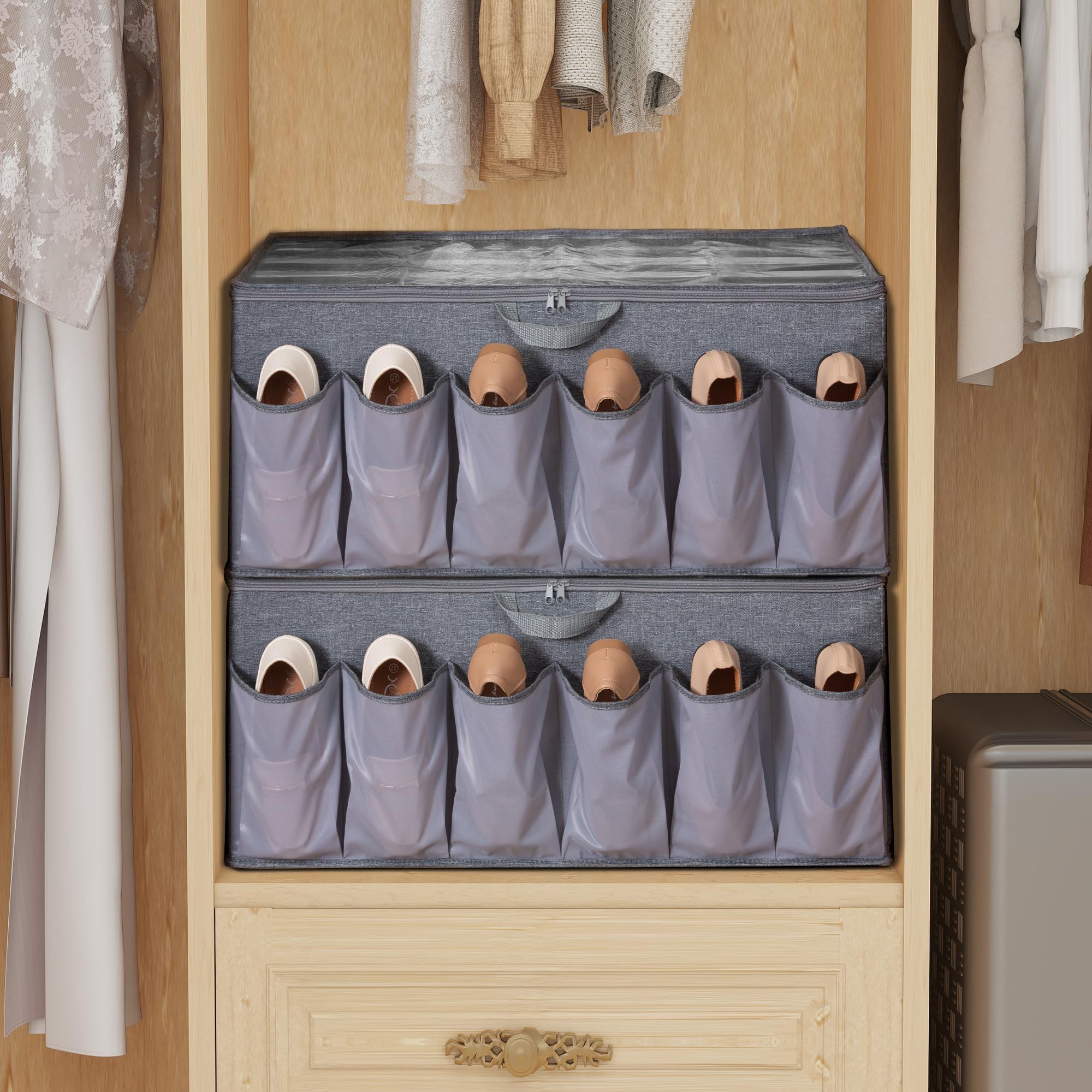 Clear View Fabric Shoe Organizer for Closet - Adjustable Shoe Storage Box with Dividers Holds 16+12 Pairs (Grey, 1-Pack) - Perfect for Bedroom, Entryway & Walk-in Closet Organization