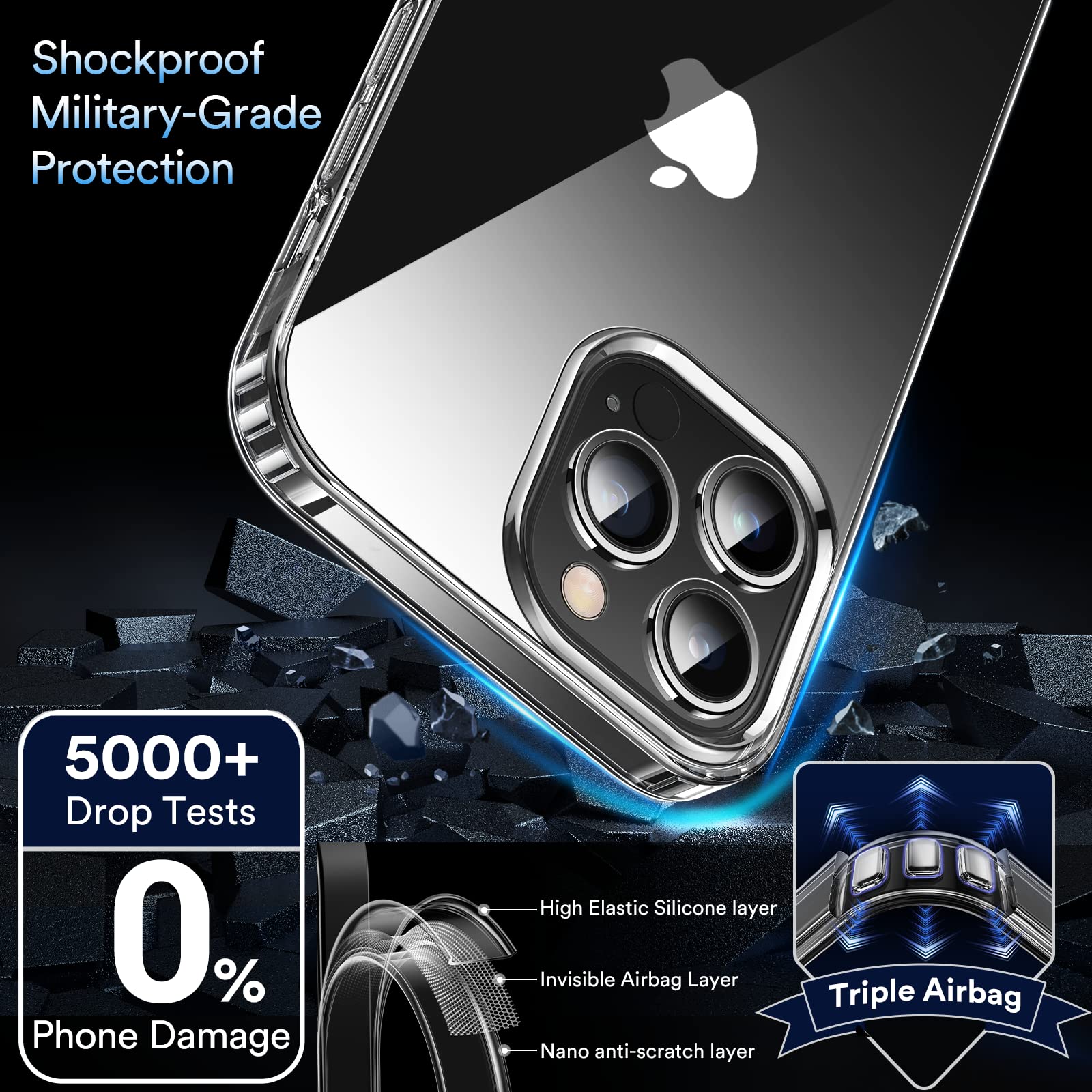 Elando Crystal Clear iPhone 13 Pro Case - Military Grade Drop Protection, Shockproof & Non-Yellowing Slim Thin Phone Cover for 6.1 Inch - Perfect for Everyday Use, Travel & Outdoor Activities