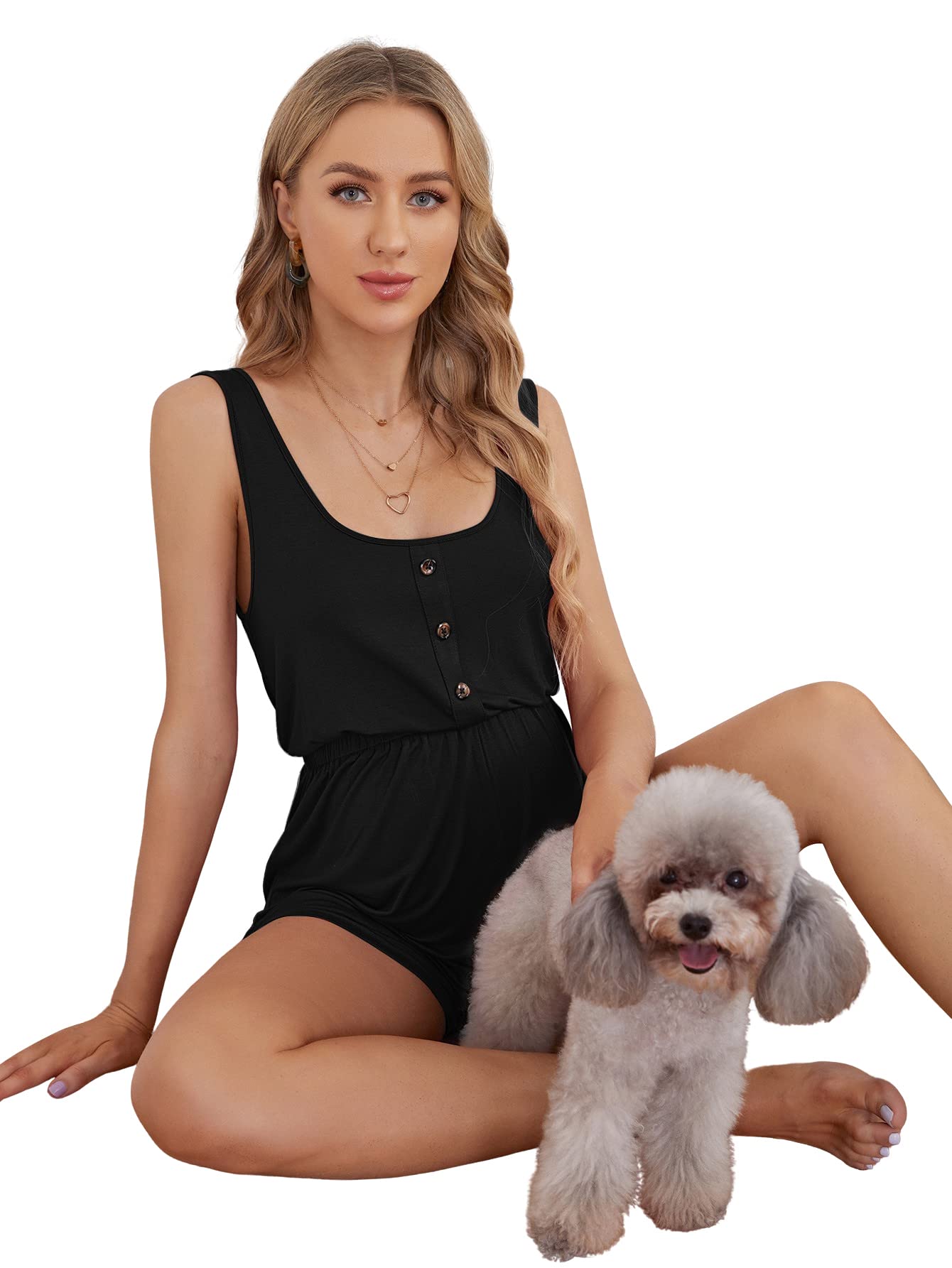 Verdusa Women's Maternity Romper - Scoop Neck, Button Front, High Waist Tank Jumpsuit for Pregnancy Comfort | Perfect for Summer Outfits, Maternity Photos & Casual Wear