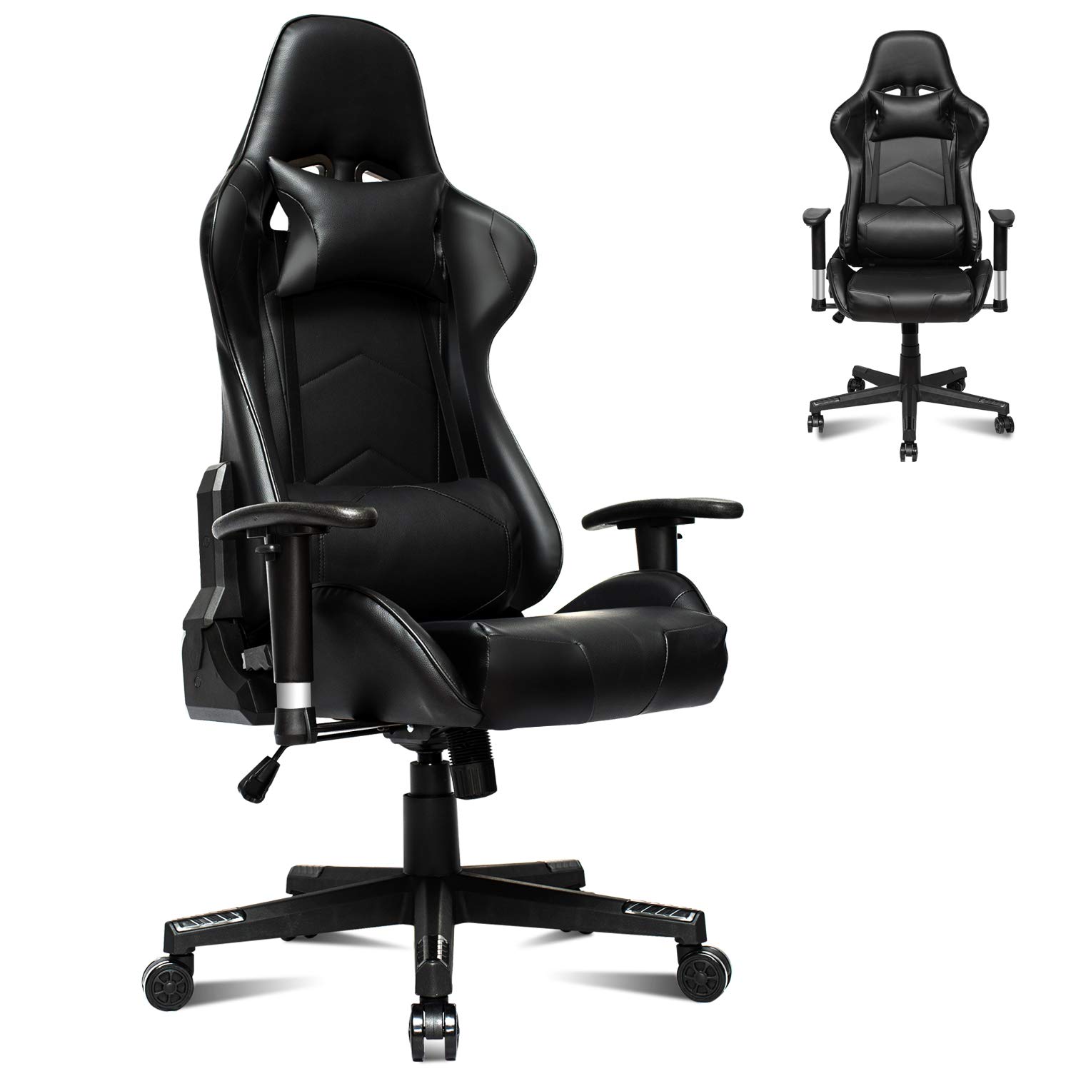Ergonomic Gaming Chair - Adjustable Racing Office Computer Chair with PU Leather, Headrest & Lumbar Support - Swivel Recliner for Esports, Video Games & Home Office (Black) - Perfect for Long Gaming Sessions & Work From Home Comfort