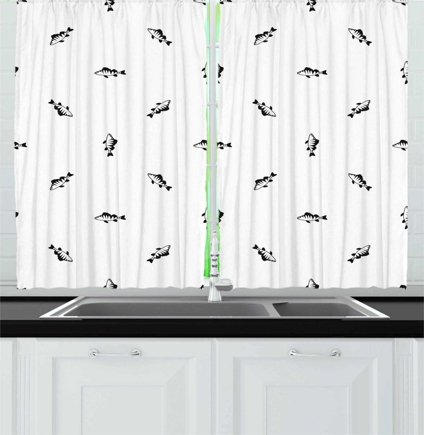 Ambesonne Bass Kitchen Curtains Set of 2 Panels - Minimalist European Perch Fish Design, Charcoal Grey & White, 55