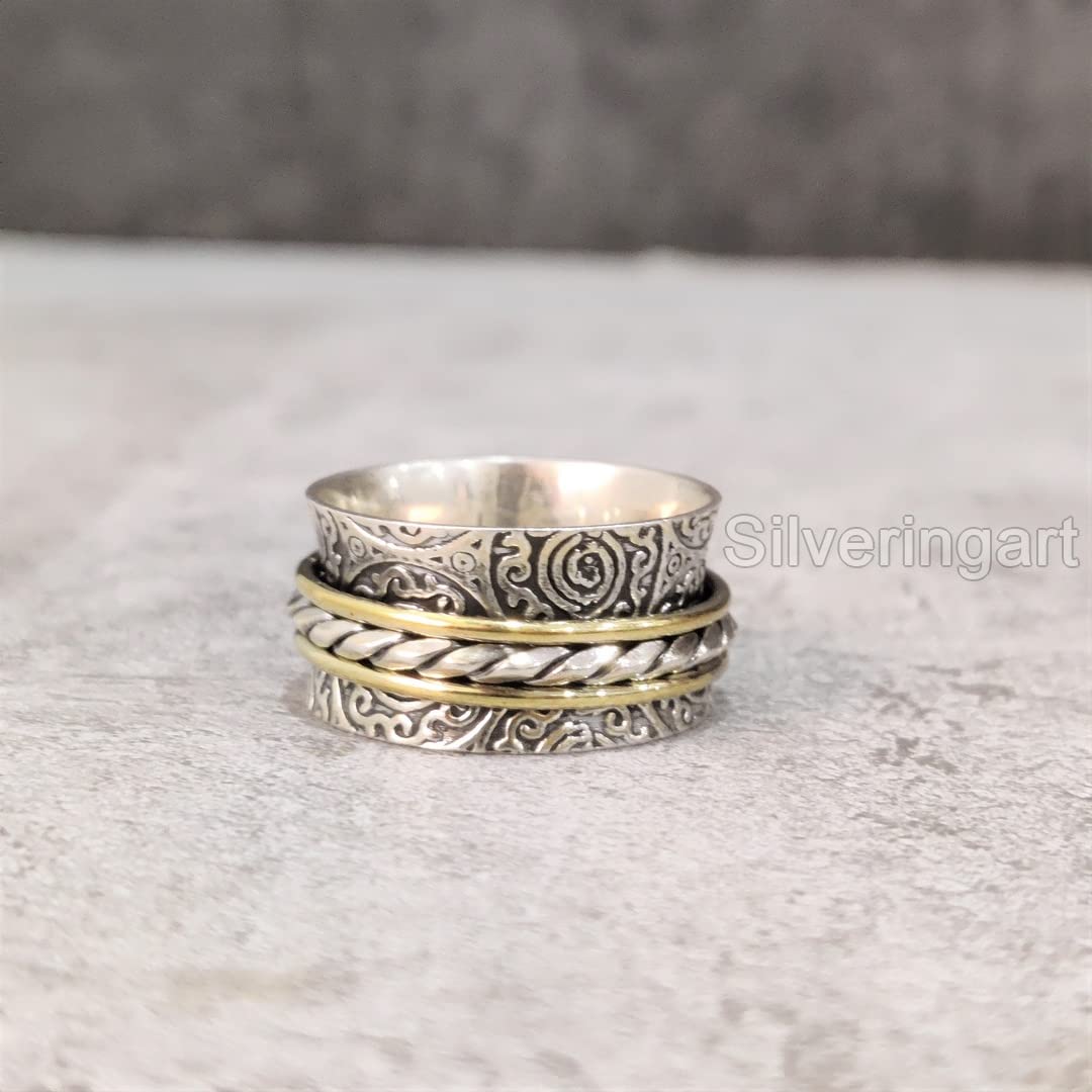 925 Sterling Silver Filigree Spinner Ring - Handmade Meditation & Fidget Ring for Anxiety Relief, Two-Tone Thumb Ring for Men & Women - Perfect Christmas Gift for Stress Relief, Focus & Relaxation (Oxidized Finish)