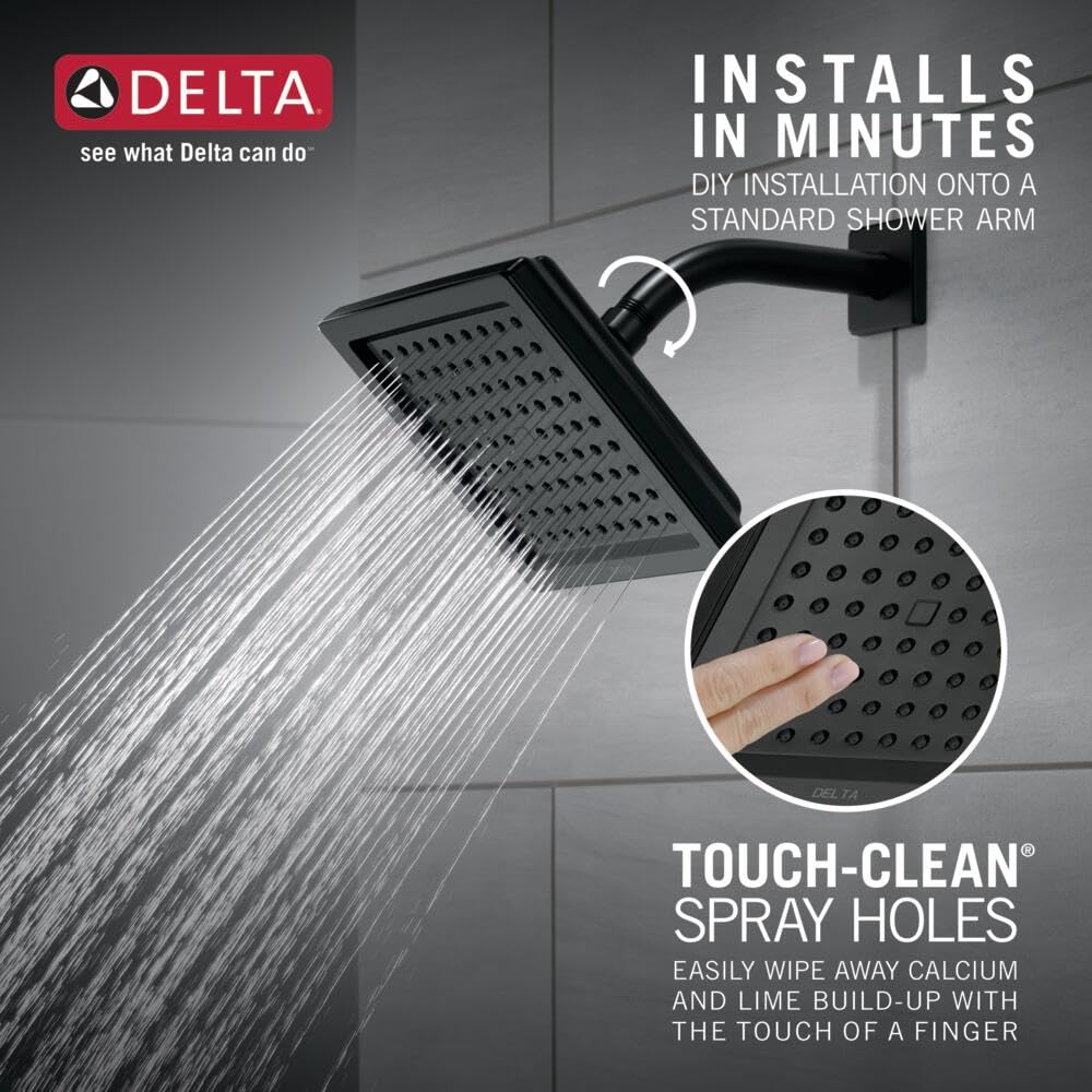 Delta RP62283BL Matte Black Square Single-Spray Shower Head - 2.5 GPM High Pressure Water Saving Showerhead for Bathroom & Spa Experience - Perfect for Modern Homes, Apartments and Hotels