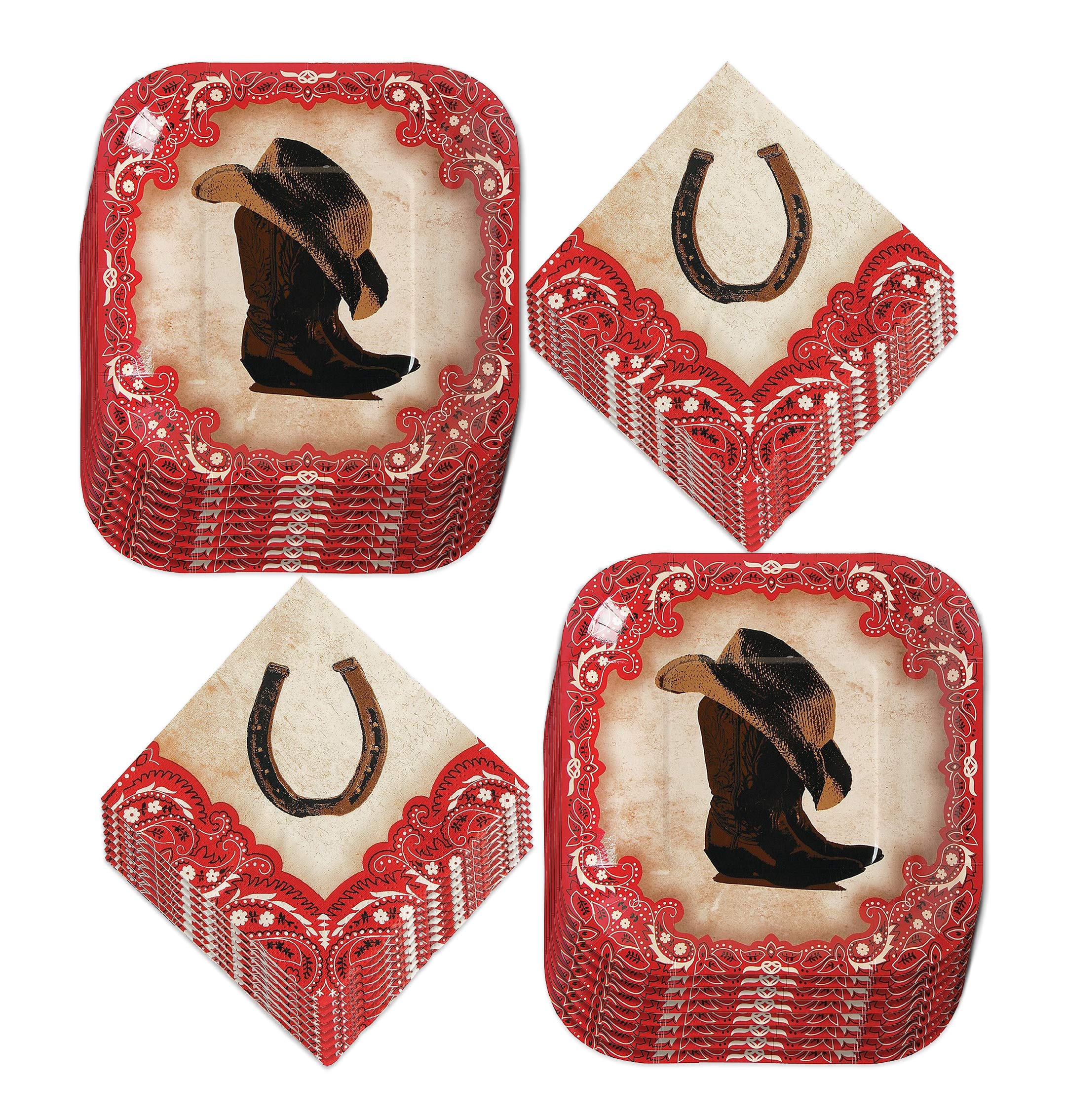 Western Cowboy Party Supplies - 16-Pack Cowboy Boot Square Paper Dessert Plates & Cowboy Hat Themed Lunch Napkins Set for Wild West Birthday, BBQ, and Themed Party Decorations