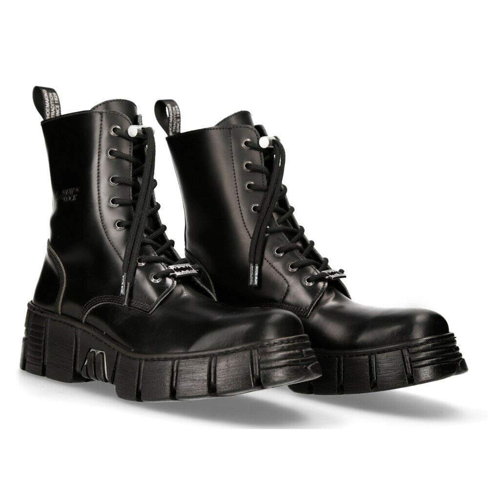 New Rock M-WALL026N-C5 Gothic Ankle Boots for Women - Black Leather Biker Boots with Chunky Heel | Perfect for Motorcycle Riding, Concerts & Alternative Fashion
