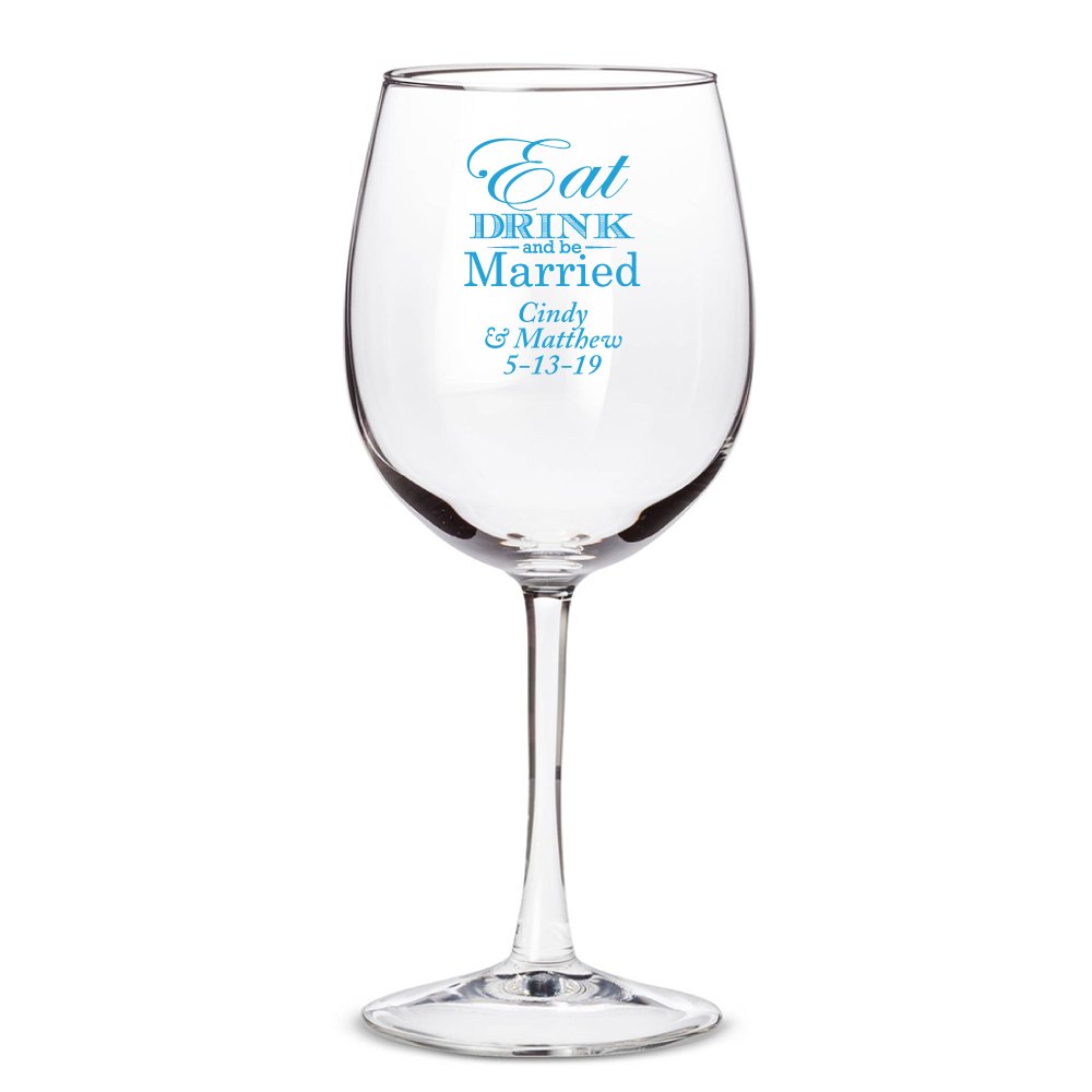Custom Printed 12oz Wine Glasses - 'Eat Drink And Be Married' Blue Wedding Party Cups - Bulk 72 Pack for Bridal Showers, Bachelorette Parties & Anniversary Celebrations