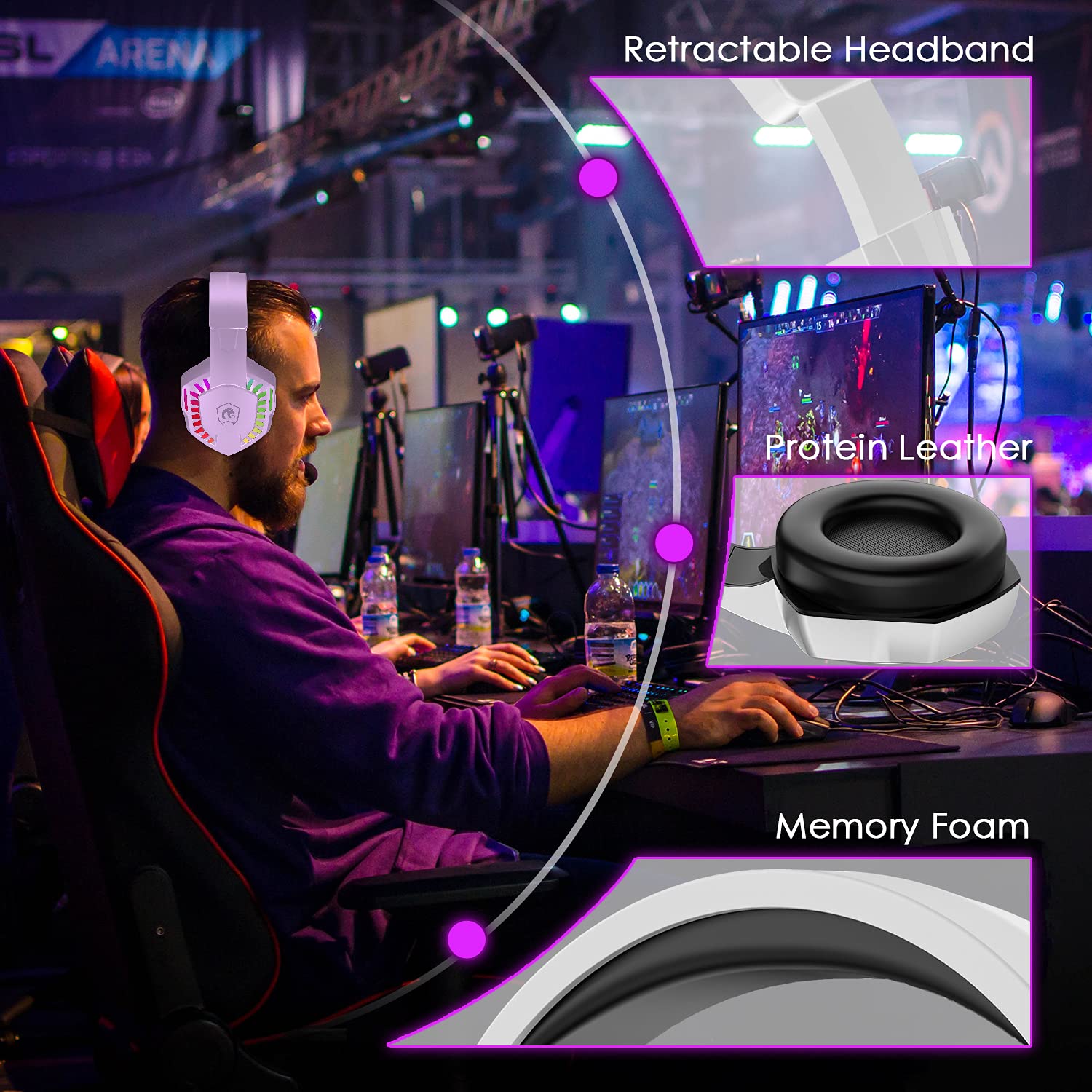 Best Wired Gaming Headset with Noise Cancelling Mic - Over Ear Headphones for PS5, PS4, Xbox One & PC - Rainbow LED Backlit, Bass Surround Sound, Soft Memory Foam Earmuffs - Perfect for Laptop, Mac Gaming & Streaming (White)