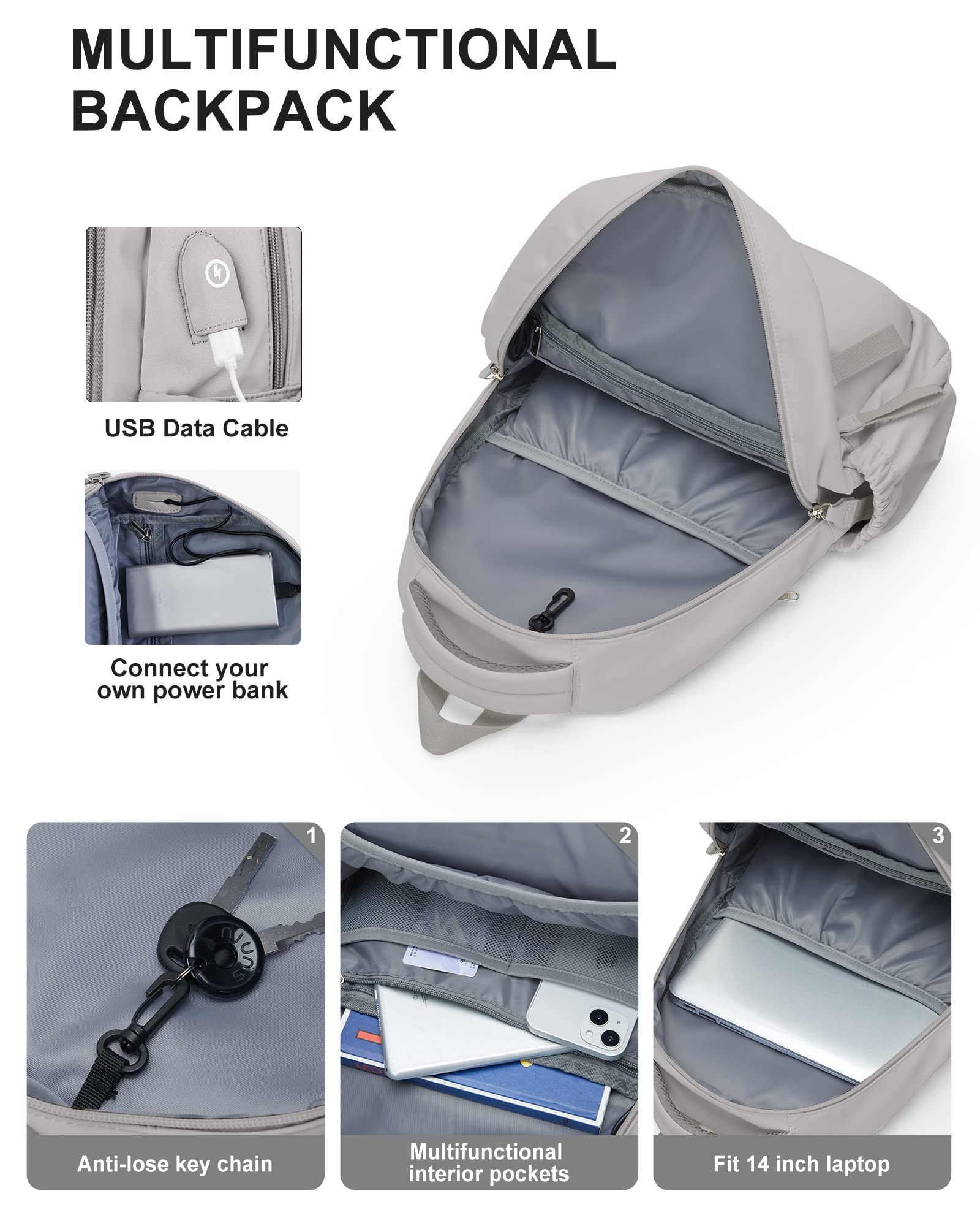 Stylish Lightweight Small Backpack for School & Travel - Aesthetic Daypack for Women, Men, College & High School Students with USB Charging Port (Fits 14