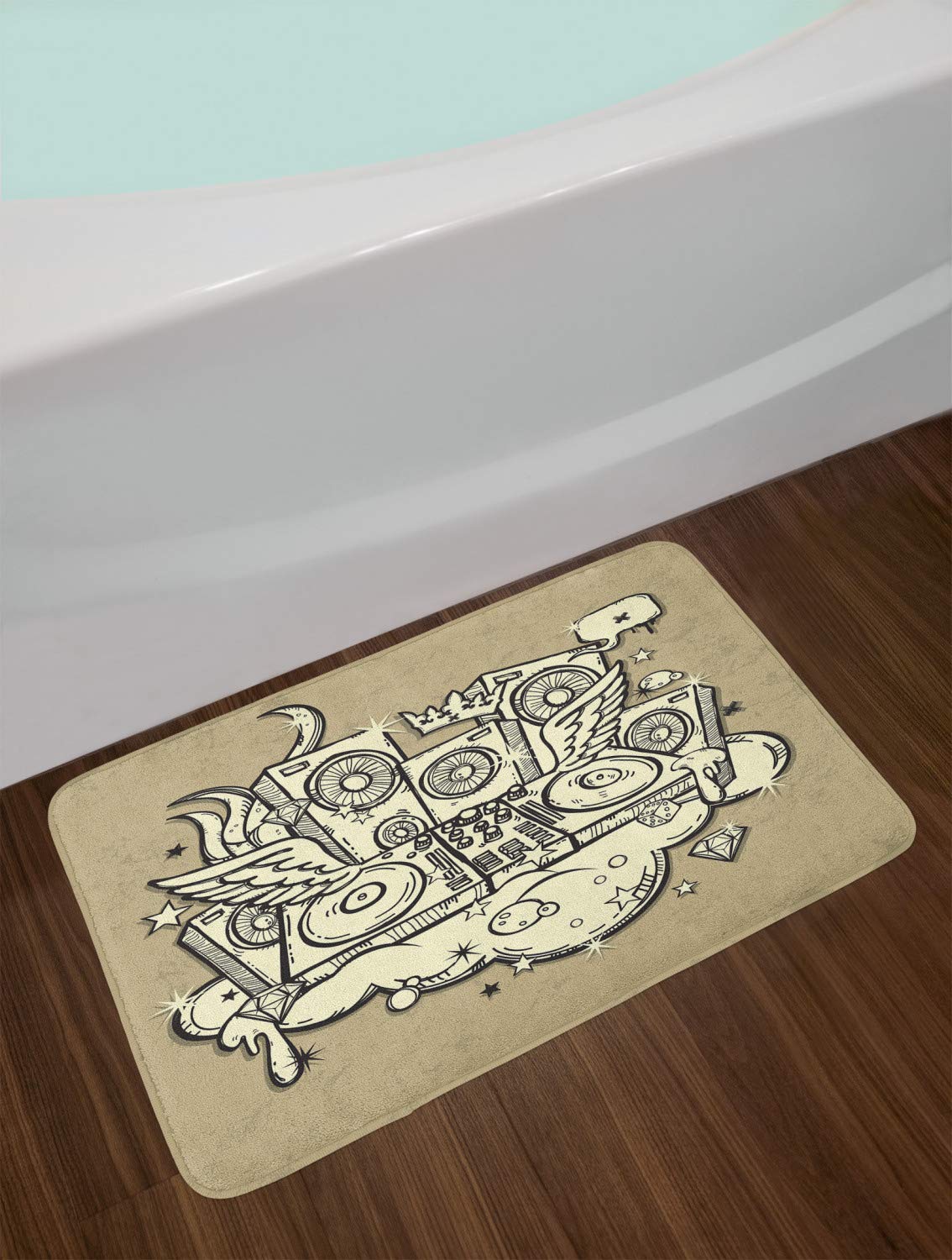Lunarable Rap Music Bath Mat - Hand-Drawn DJ Disco Design with Speakers & Crown, Non-Slip Plush Bathroom Rug (30.2